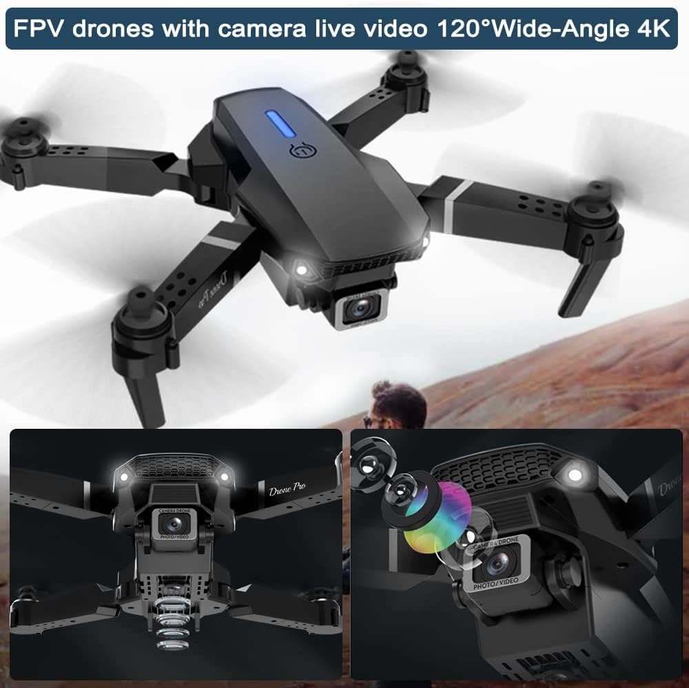 Foldable FPV Drone with 4K Dual Camera for Adults, RC Quadcopter WiFi FPV Live Video, Altitude Hold, Headless Mode, One Key Take Off for Kids or Beginners with 2 Batteries, Carrying Case -Black