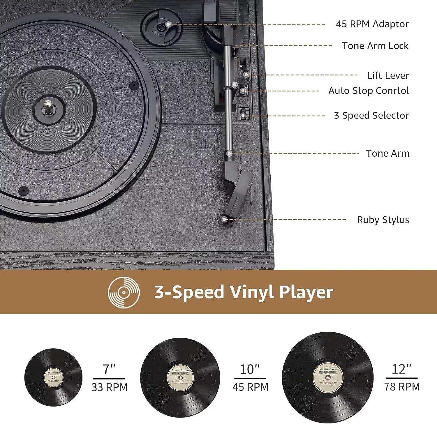 JOPOSTAR 10-in-1 Vinyl Record Player with Bluetooth, 3-Speed Turntable Built-in Stereo Speakers, AM/FM Radio, USB/SD/MMC, CD/Cassette Playback, Aux-in RCA Line-Out