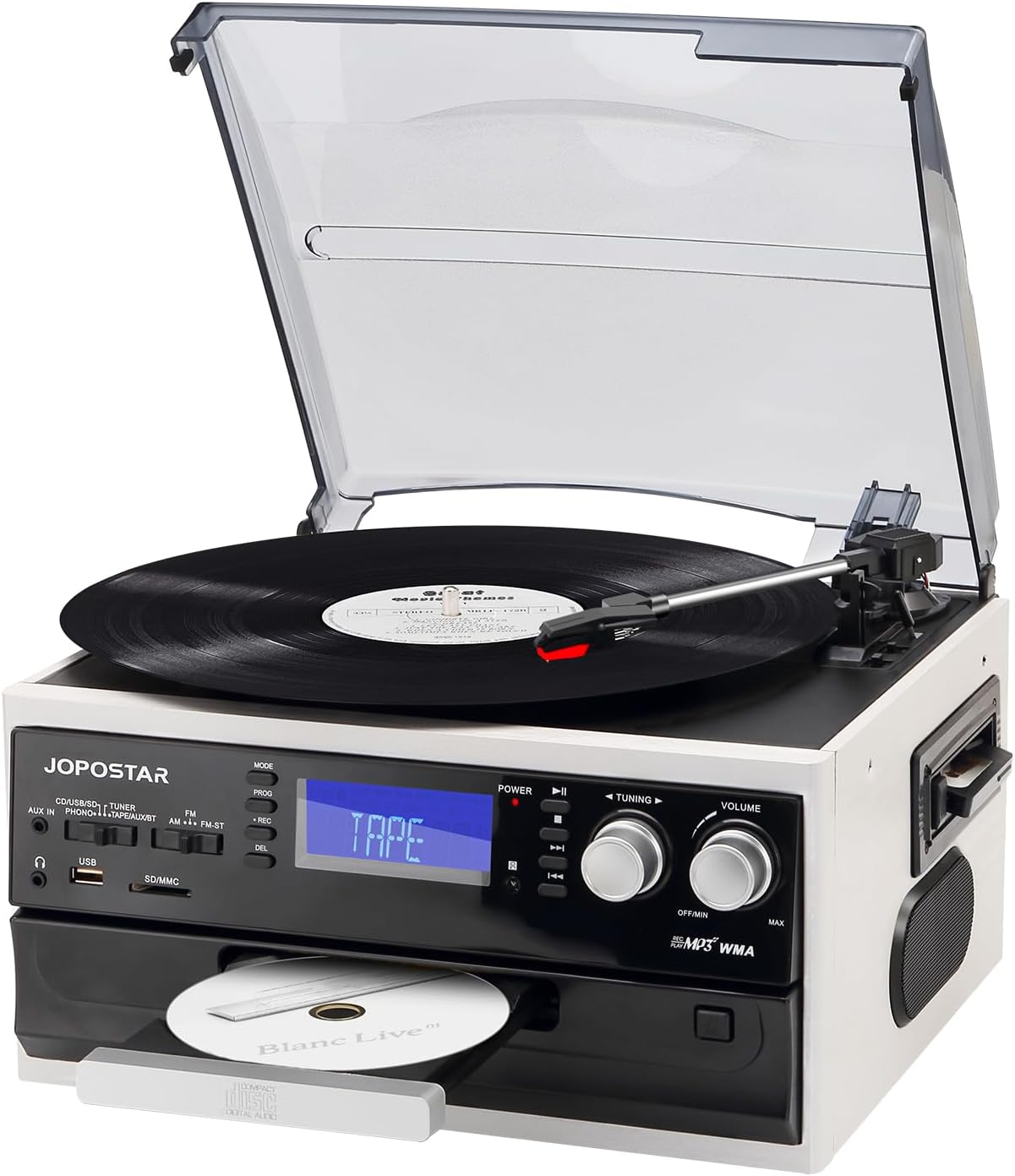 JOPOSTAR 10-in-1 Vinyl Record Player with Bluetooth, 3-Speed Turntable Built-in Stereo Speakers, AM/FM Radio, USB/SD/MMC, CD/Cassette Playback, Aux-in RCA Line-Out