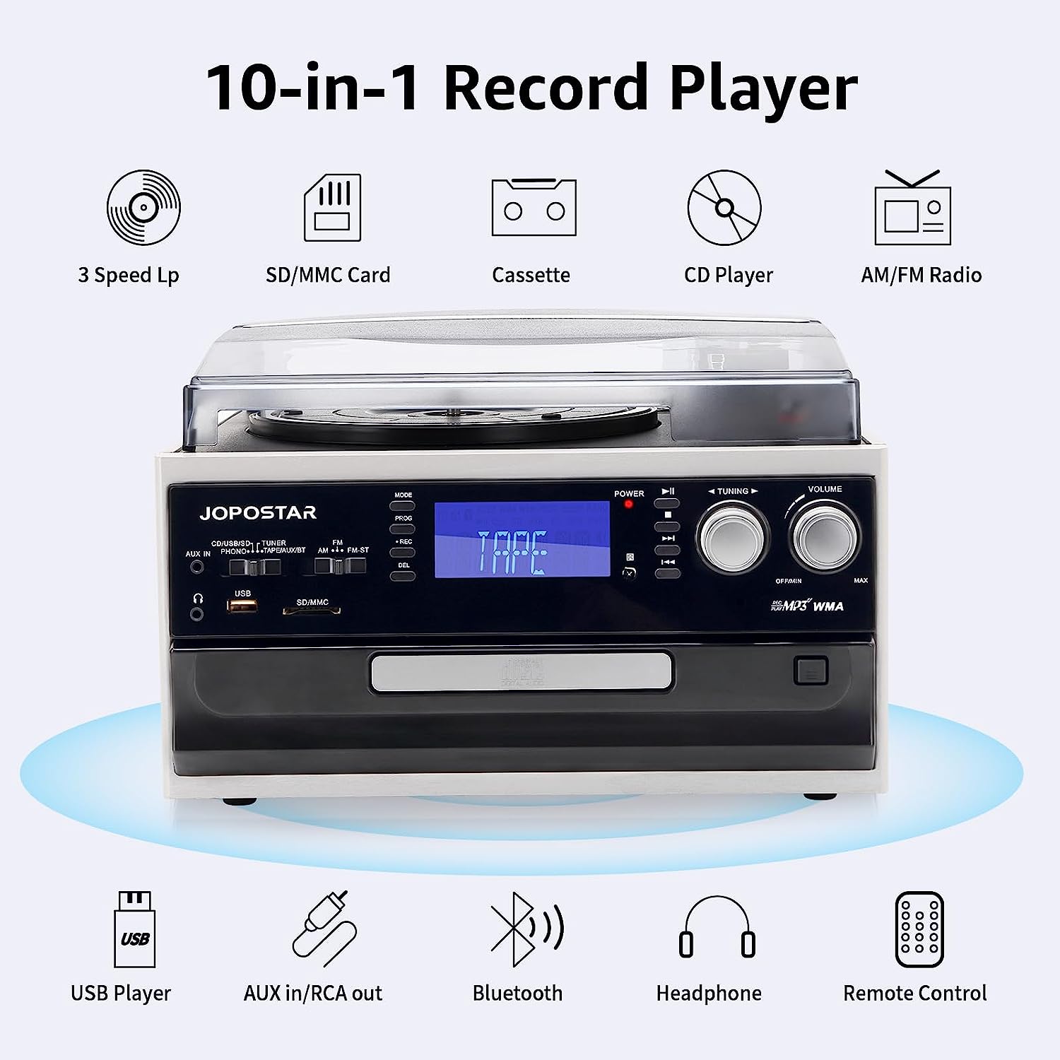 JOPOSTAR 10-in-1 Vinyl Record Player with Bluetooth, 3-Speed Turntable Built-in Stereo Speakers, AM/FM Radio, USB/SD/MMC, CD/Cassette Playback, Aux-in RCA Line-Out