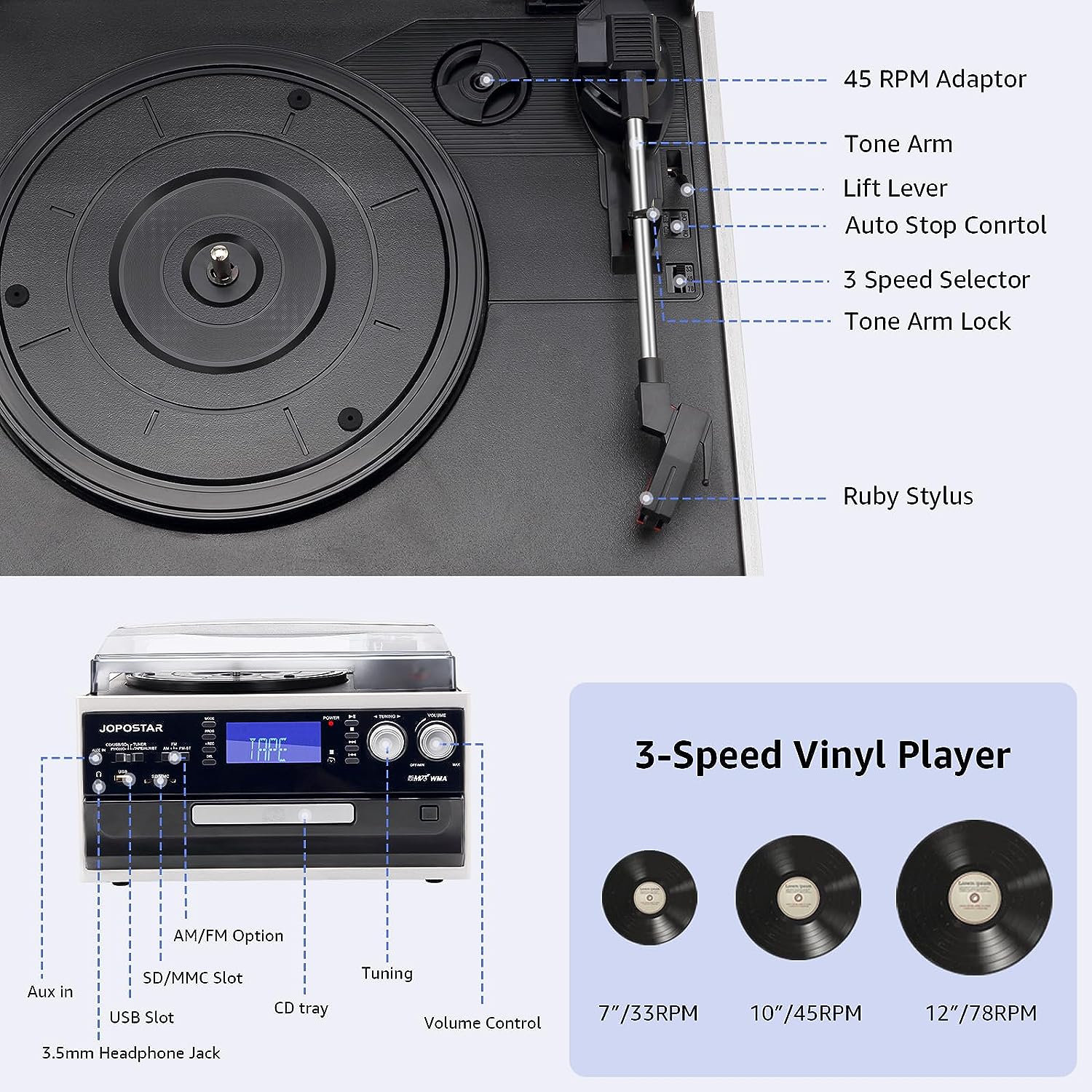 JOPOSTAR 10-in-1 Vinyl Record Player with Bluetooth, 3-Speed Turntable Built-in Stereo Speakers, AM/FM Radio, USB/SD/MMC, CD/Cassette Playback, Aux-in RCA Line-Out