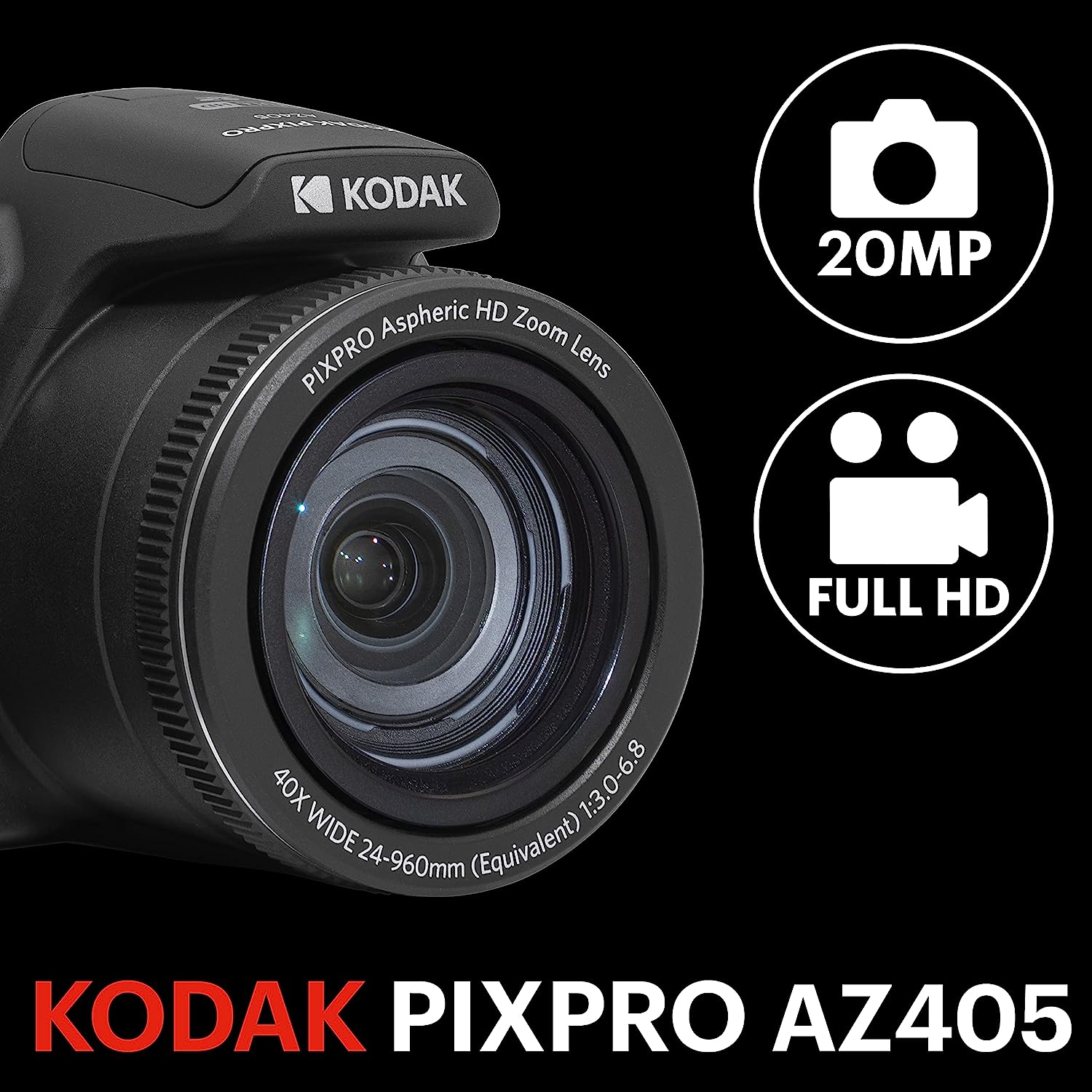 KODAK PIXPRO AZ405-BK 20MP Digital Camera 40X Optical Zoom 24mm Wide Angle Lens Optical Image Stabilization 1080P Full HD Video 3