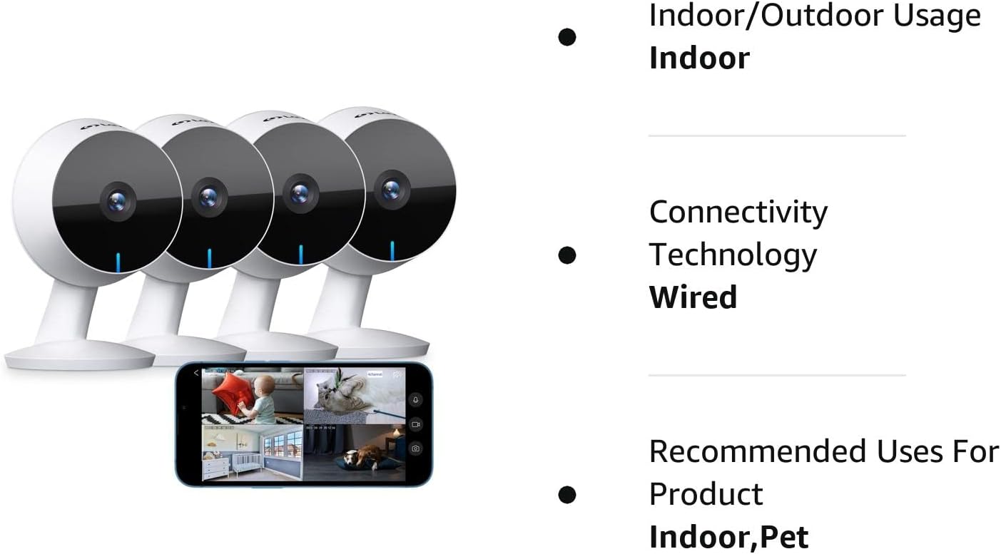 LaView Security Cameras 4pcs, Home Security Camera Indoor 1080P, Wi-Fi Cameras Wired for Pet, Motion Detection, Two-Way Audio, Night Vision, Phone App, Works with Alexa, iOS & Android & Web Access