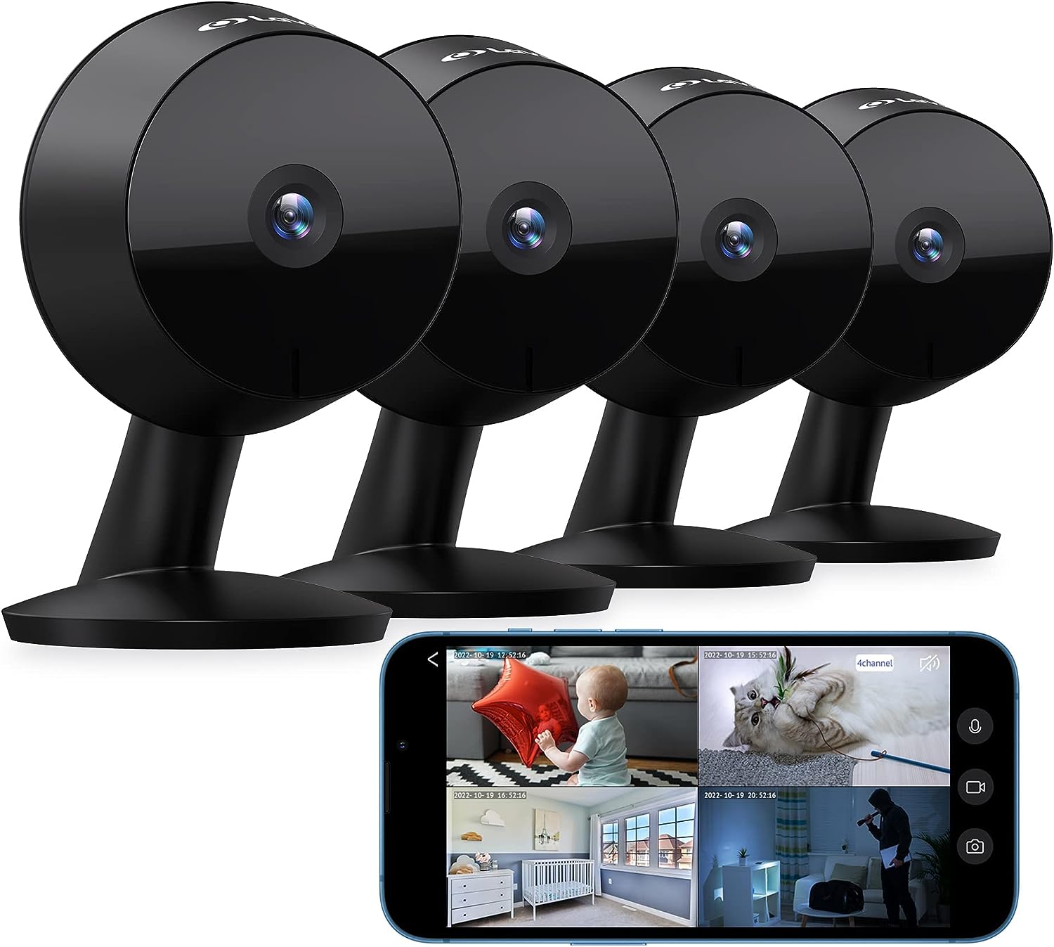 LaView Security Cameras 4pcs, Home Security Camera Indoor 1080P, Wi-Fi Cameras Wired for Pet, Motion Detection, Two-Way Audio, Night Vision, Phone App, Works with Alexa, iOS & Android & Web Access