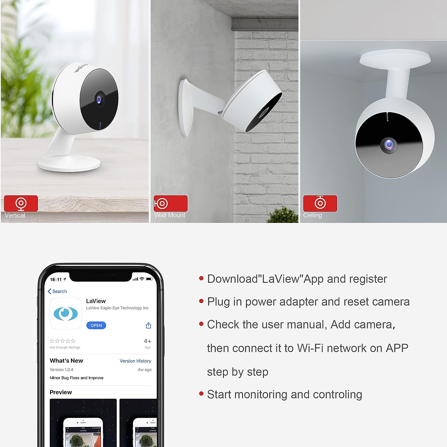 LaView Security Cameras 4pcs, Home Security Camera Indoor 1080P, Wi-Fi Cameras Wired for Pet, Motion Detection, Two-Way Audio, Night Vision, Phone App, Works with Alexa, iOS & Android & Web Access