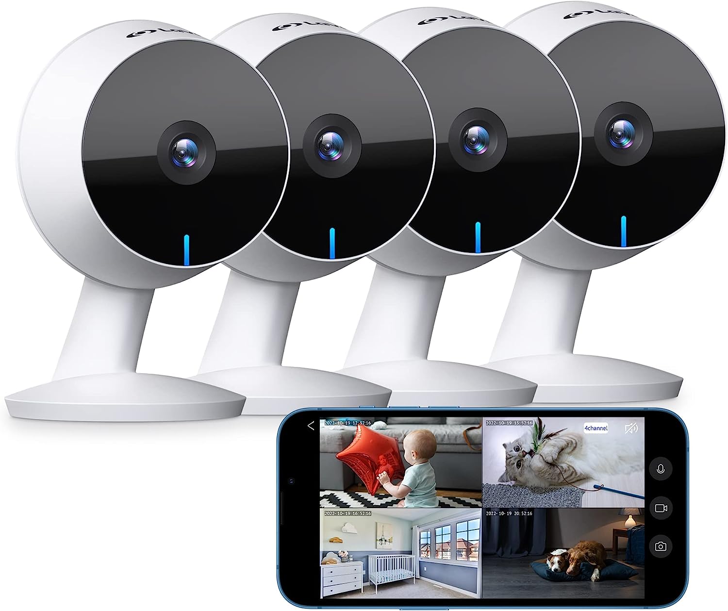 LaView Security Cameras 4pcs, Home Security Camera Indoor 1080P, Wi-Fi Cameras Wired for Pet, Motion Detection, Two-Way Audio, Night Vision, Phone App, Works with Alexa, iOS & Android & Web Access