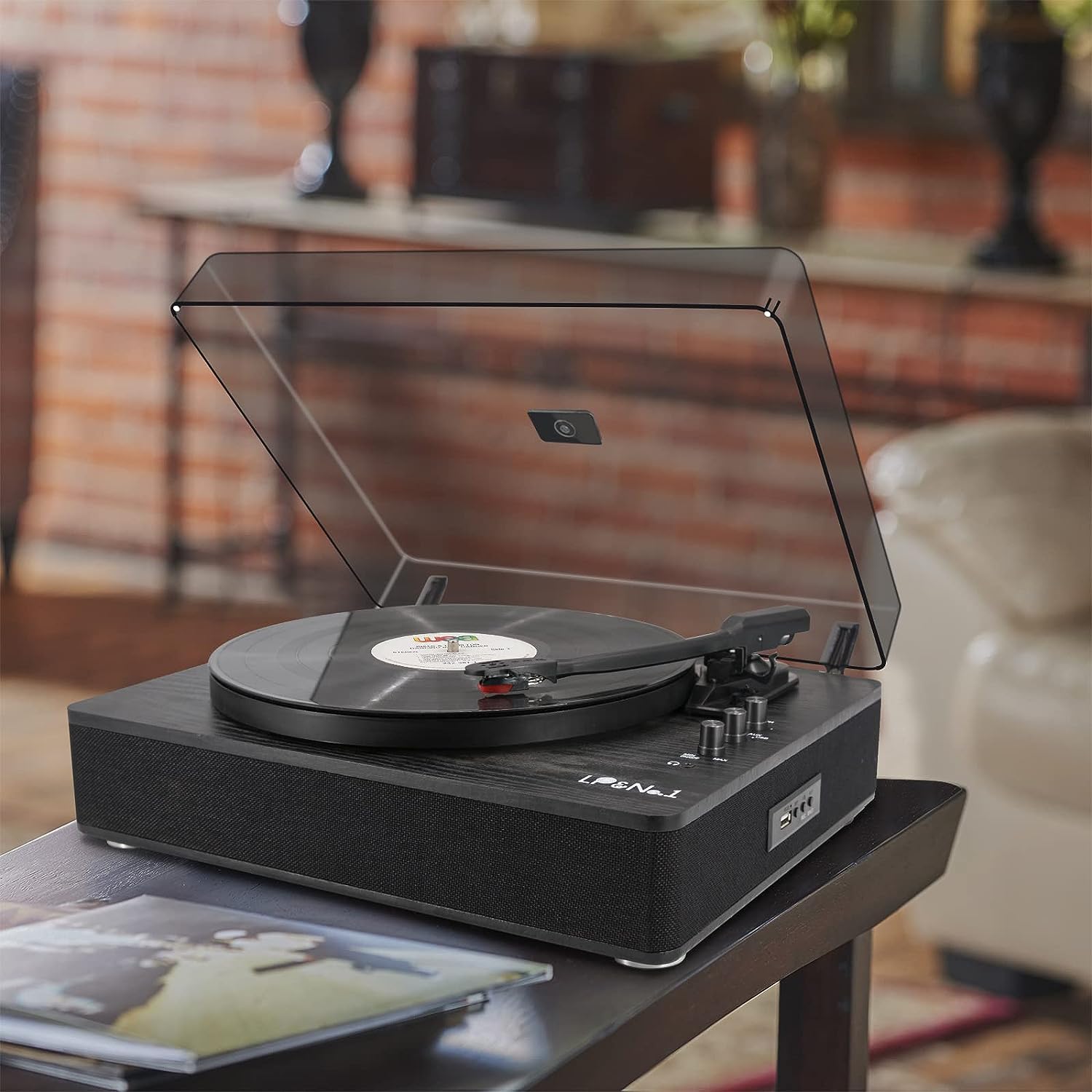 LP&No.1 Bluetooth Record Player with Stereo Speakers, 3-Speed Belt-Drive Turntable for Vinyl Records with Wireless Playback and Auto-Stop