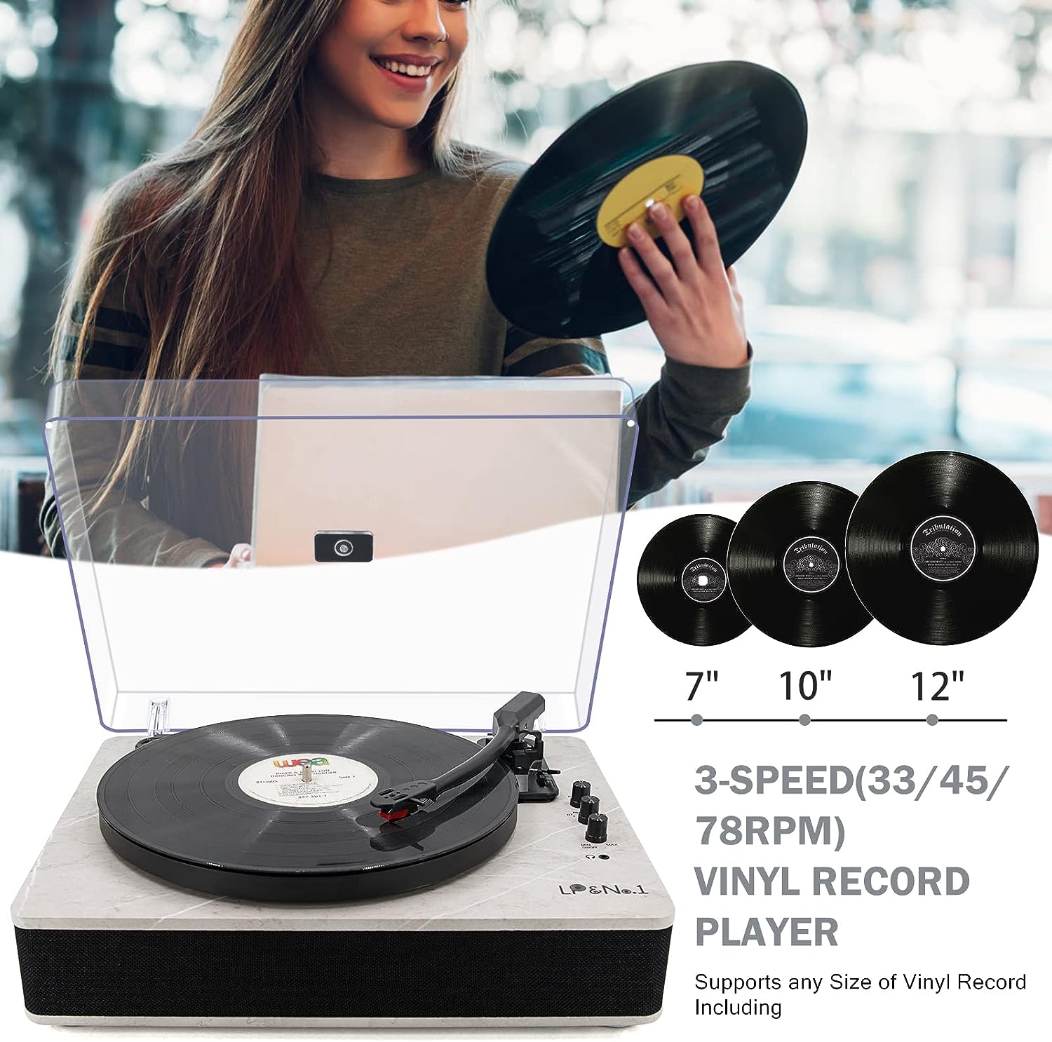 LP&No.1 Bluetooth Record Player with Stereo Speakers, 3-Speed Belt-Drive Turntable for Vinyl Records with Wireless Playback and Auto-Stop