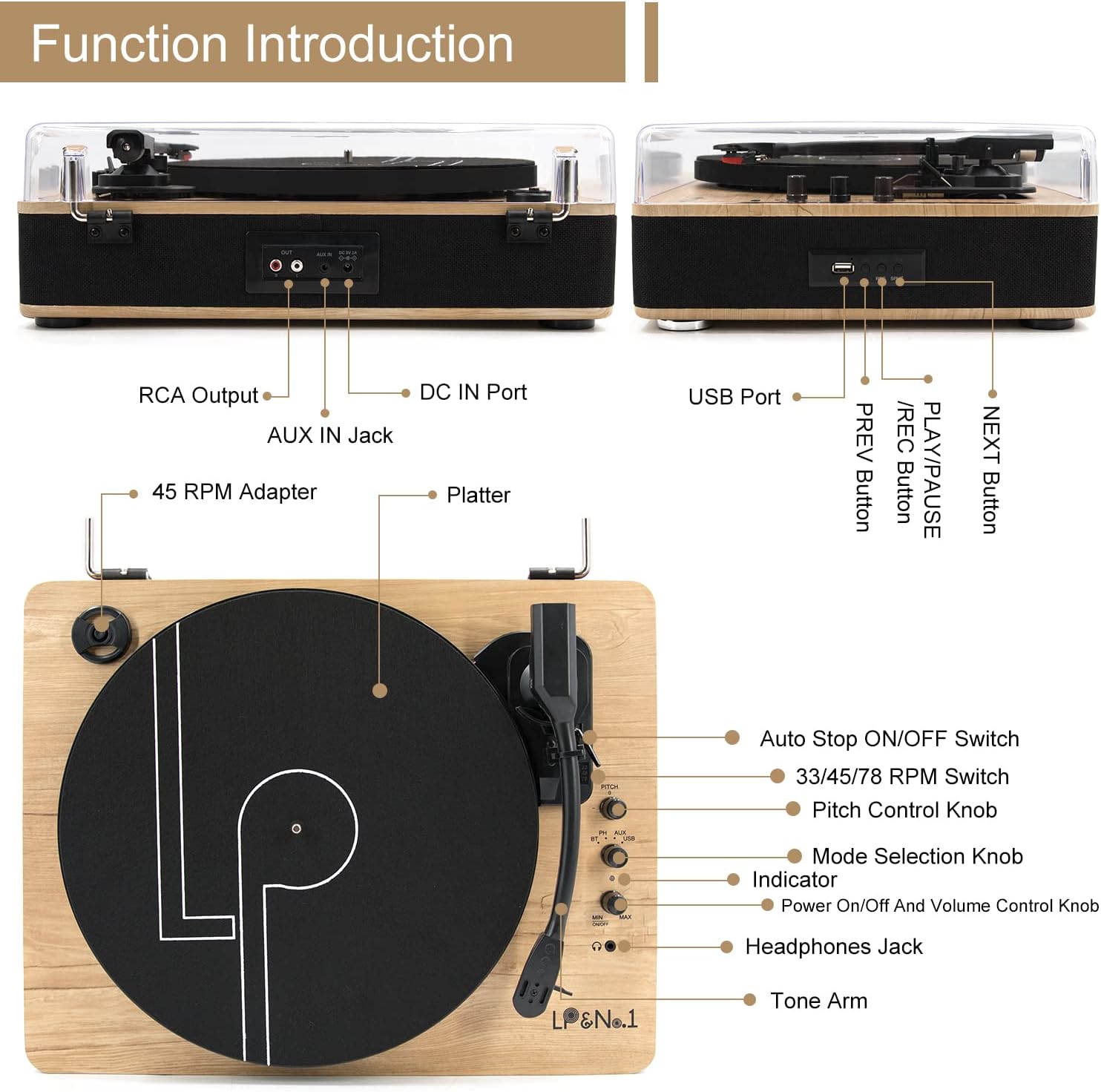 LP&No.1 Bluetooth Record Player with Stereo Speakers, 3-Speed Belt-Drive Turntable for Vinyl Records with Wireless Playback and Auto-Stop