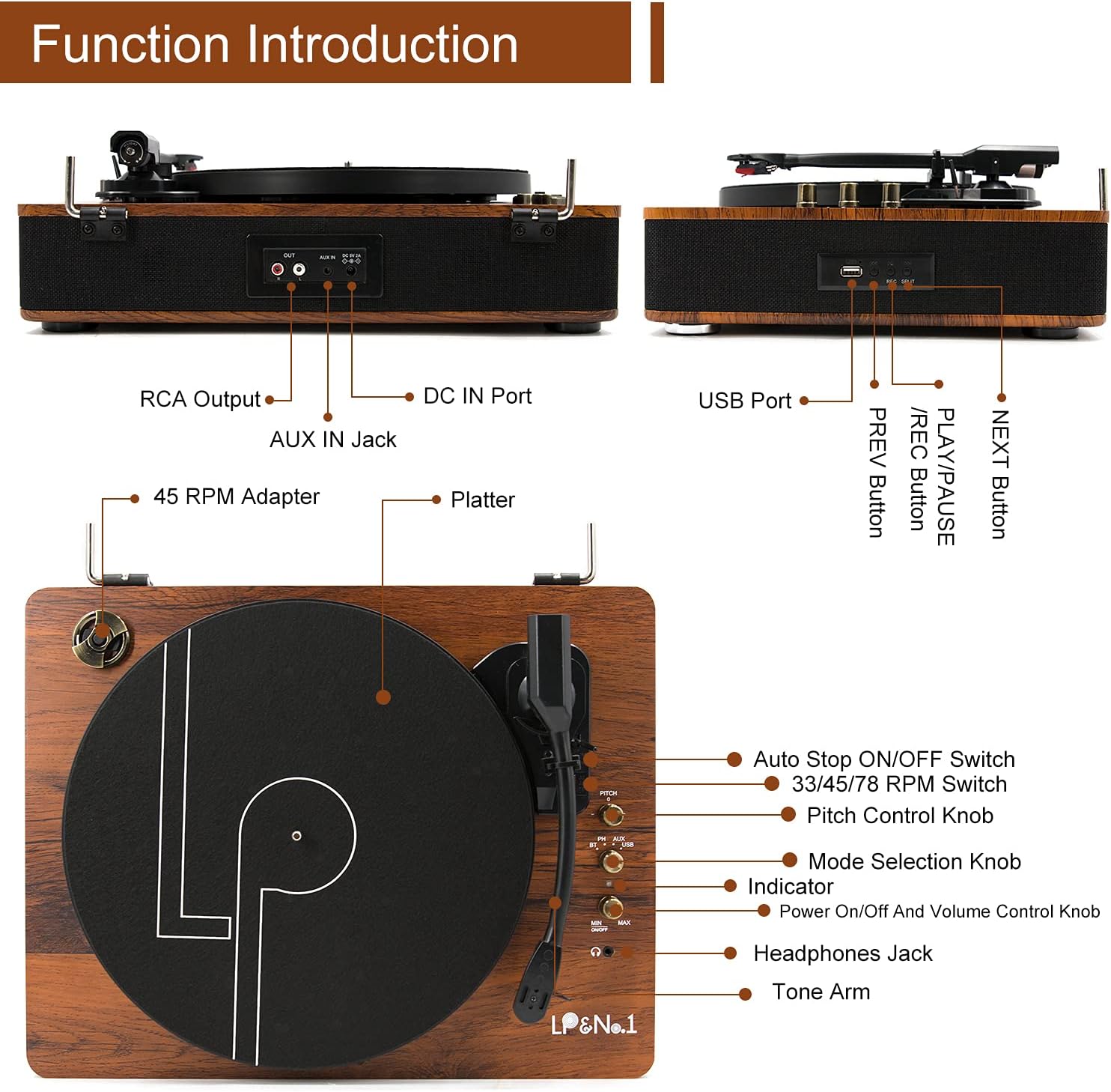 LP&No.1 Bluetooth Record Player with Stereo Speakers, 3-Speed Belt-Drive Turntable for Vinyl Records with Wireless Playback and Auto-Stop