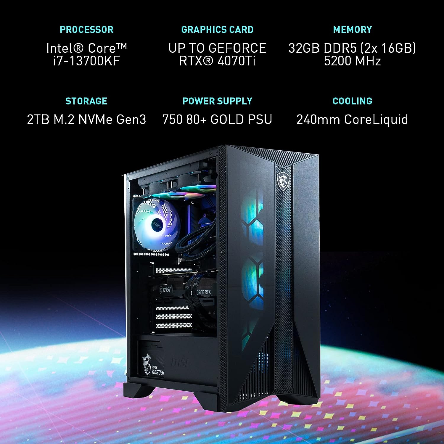 MSI Aegis RS Gaming Desktop: Intel Core i7-13700KF, RTX 4070 Ti, 32GB DDR5, 2TB M.2 NVMe, Liquid Cooling, 80+ Gold PSU, WiFi 6E, Keyboard & Mouse, DIY Friendly, Windows 11 Pro: 13NUF-439US