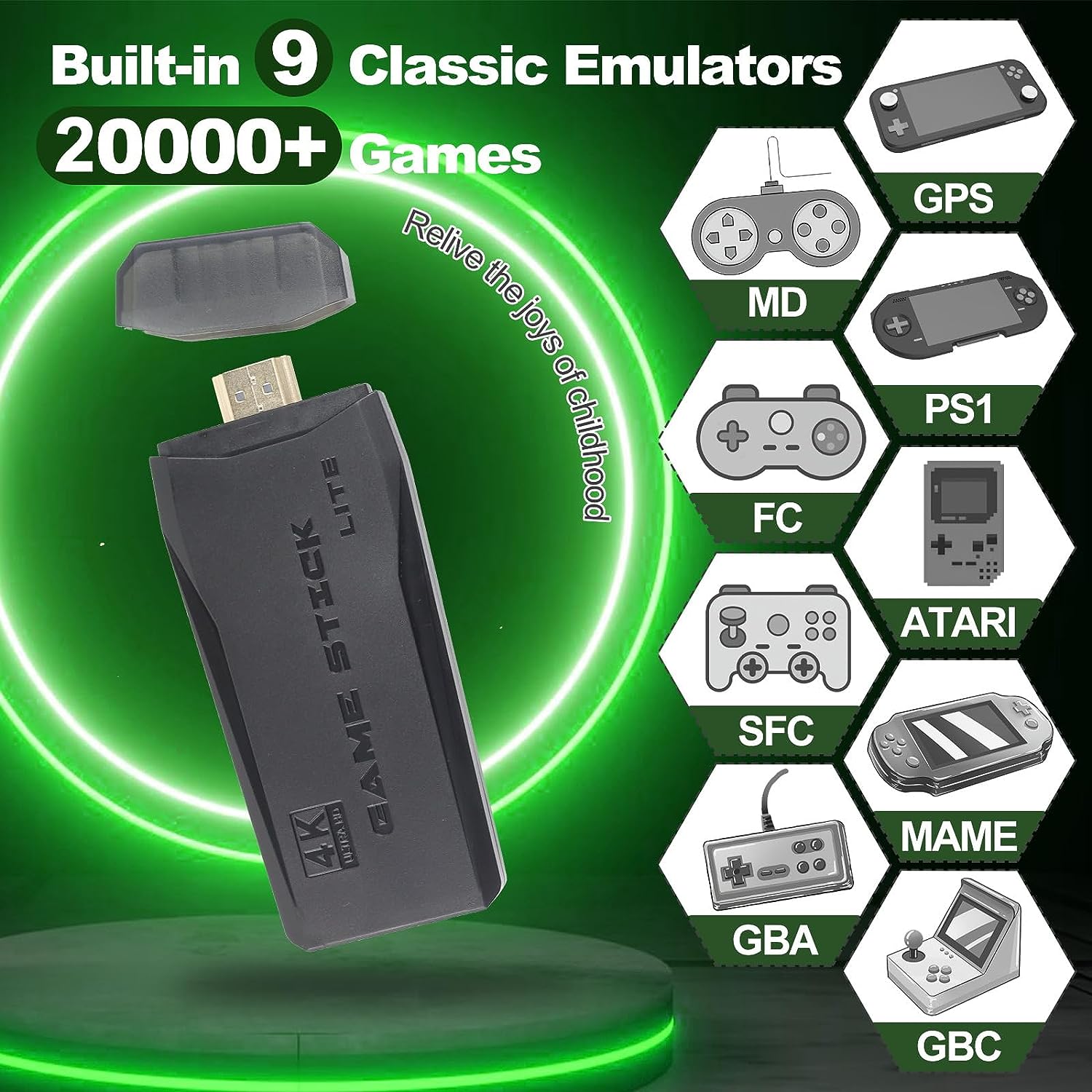 Retro Game Stick - Revisit Classic Games with Built-in 9 Emulators, 20,000+ Games, 4K HDMI Output, and 2.4GHz Wireless Controller for TV Plug and Play