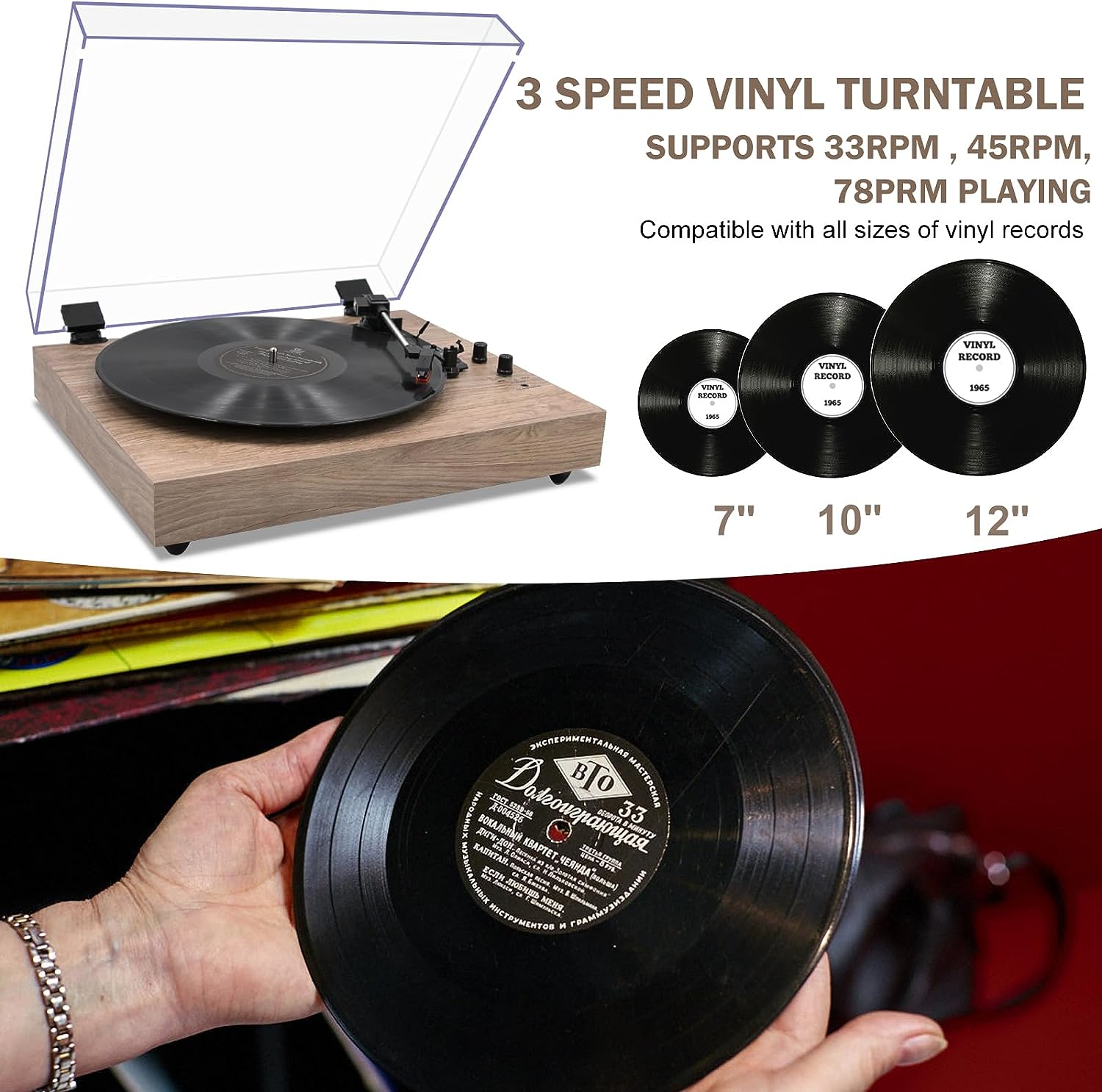 Vintage 3-Speed Turntable Bluetooth Input Record Player Vinyl Record Player with Twin Built-in Stereo Speakers,Auto Stop,RCA Output, Full Size Platter,Acrylic Dust Cover,White Leather