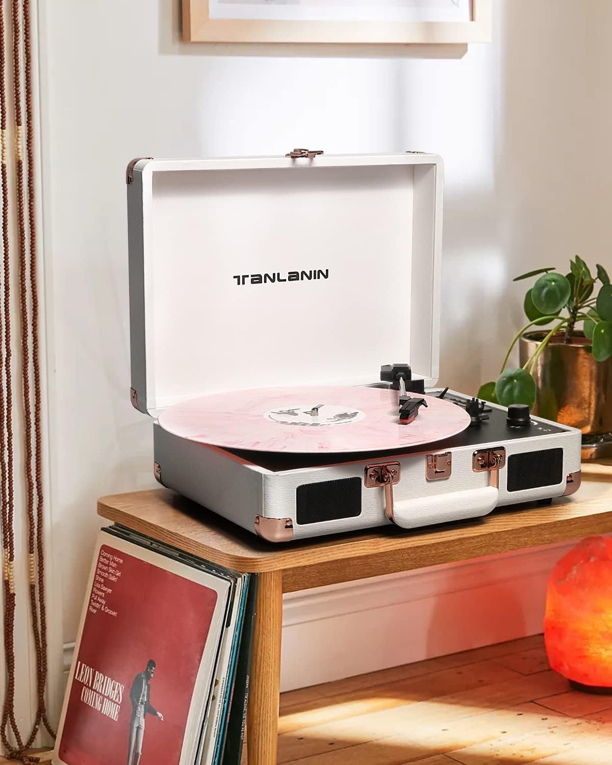 Vinyl Record Player Bluetooth Vintage 3-Speed Portable Suitcase Turntables with Built-in Speakers, Belt-Driven LP Player Support USB Recording AUX-in RCA Line Out Headphone Jack, White