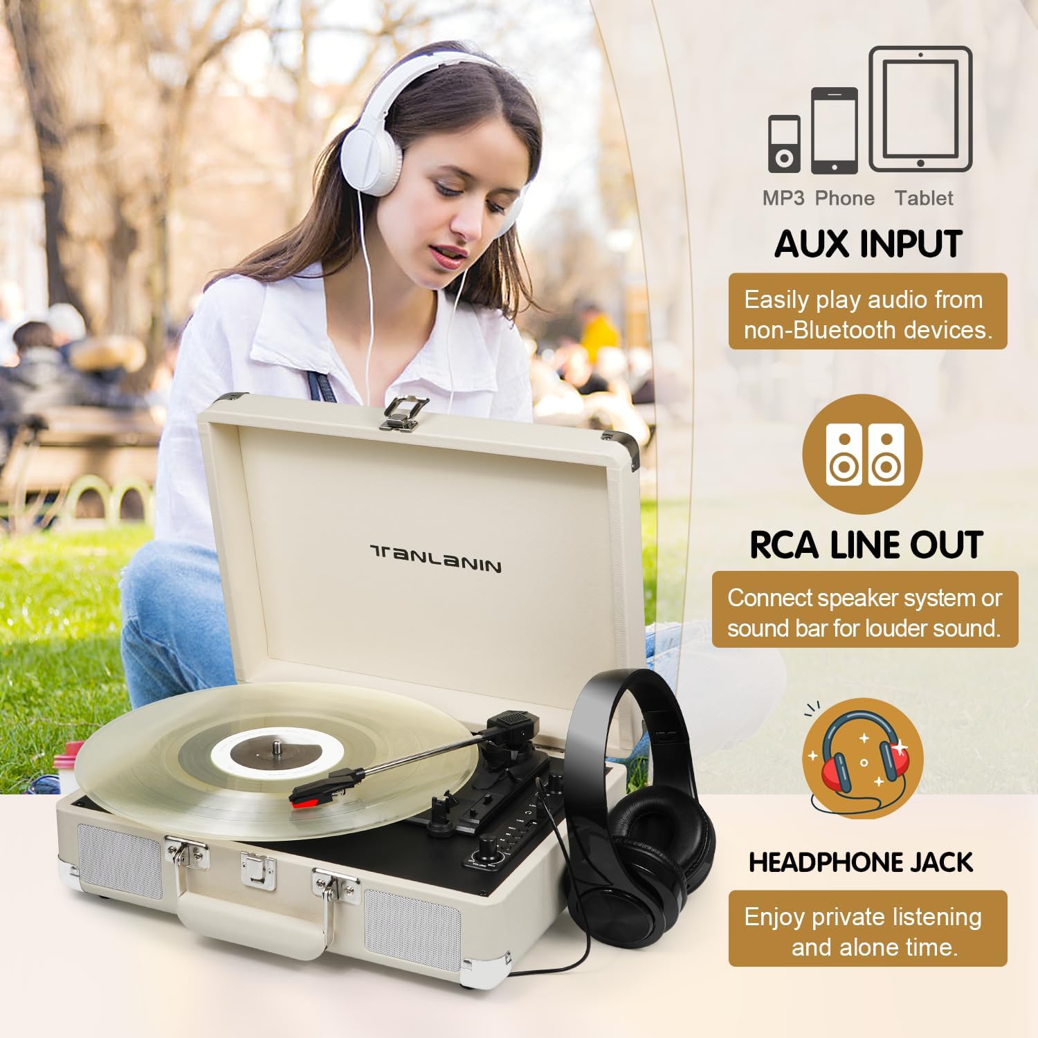 Vinyl Record Player Vintage Portable Suitcase Turntables with Built-in Upgrade Speakers, USB Recording, 33 45 78RPM Bluetooth LP Player Support AUX in RCA Line Out Headphone Jack, Cream White