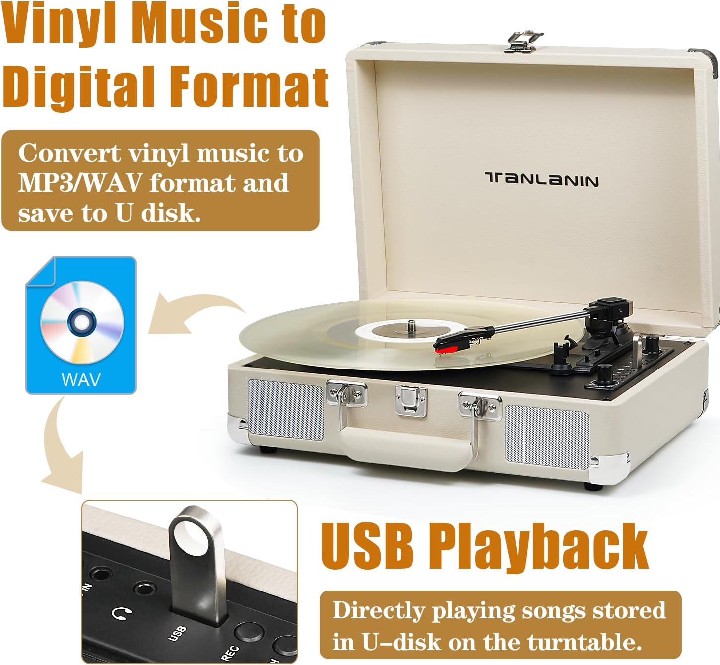 Vinyl Record Player Vintage Portable Suitcase Turntables with Built-in Upgrade Speakers, USB Recording, 33 45 78RPM Bluetooth LP Player Support AUX in RCA Line Out Headphone Jack, Cream White