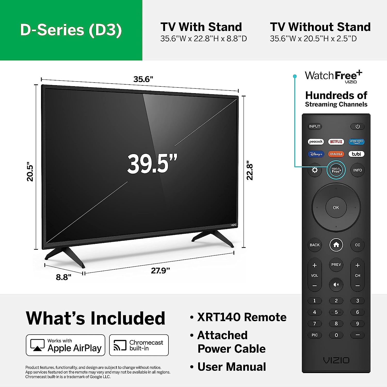 VIZIO 40-Inch Class D-Series Full HD LED 1080p Smart TV, Apple AirPlay 2 and Chromecast Built-in + Free Wall Mount (No Stands) D40f-J09 (Renewed)