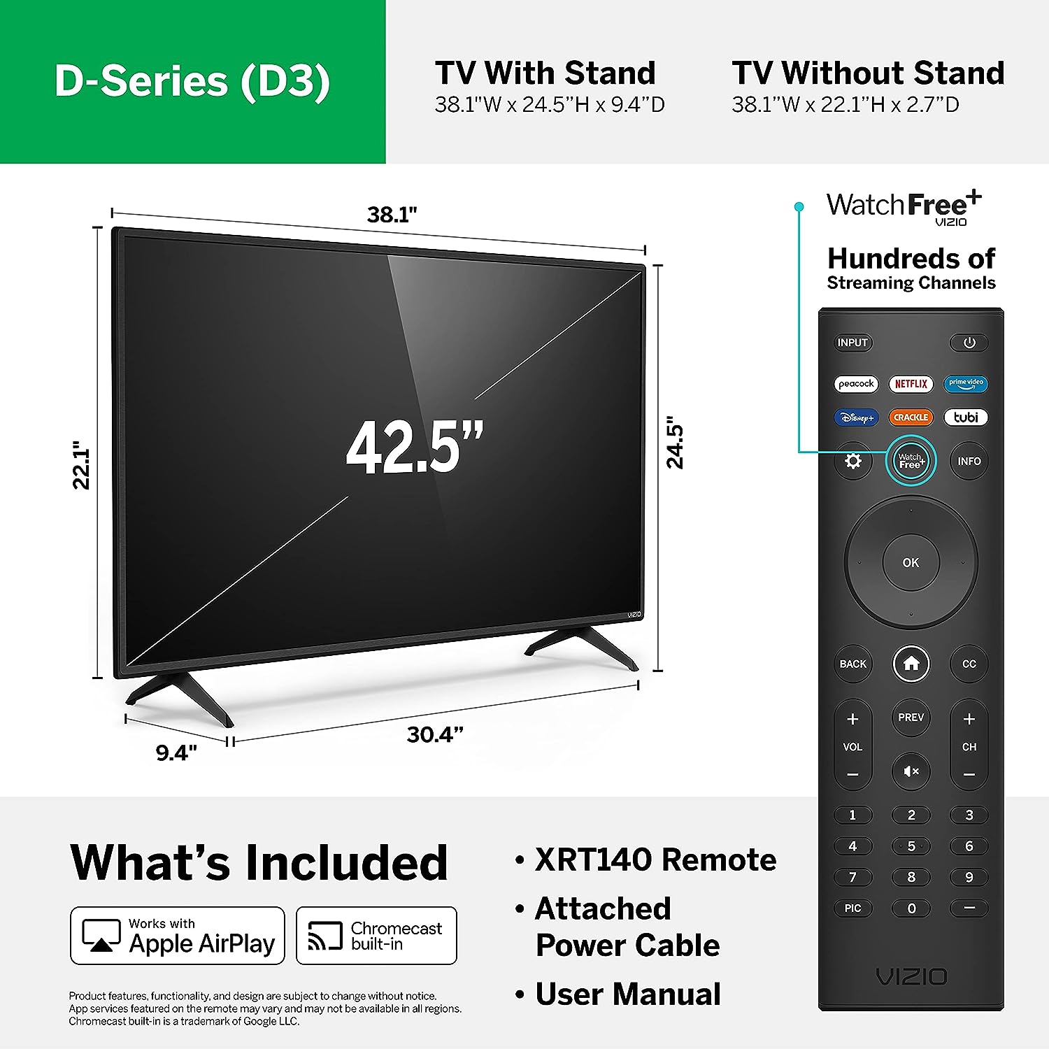 VIZIO 40-Inch Class D-Series Full HD LED 1080p Smart TV, Apple AirPlay 2 and Chromecast Built-in + Free Wall Mount (No Stands) D40f-J09 (Renewed)