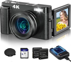 4K Digital Camera for Photography Autofocus, 48MP Vlogging Camera with SD Card Anti-Shake, 3” 180° Flip Screen Compact Video Camera for Travel, 16X Zoom Digital Camera for Teens with Flash