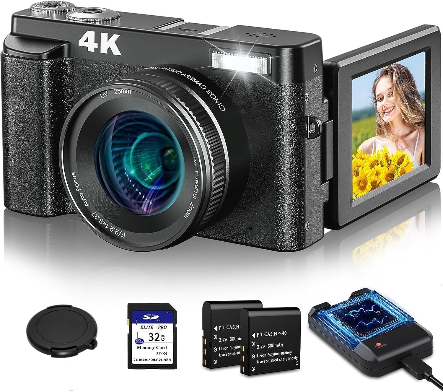 4K Digital Camera for Photography Autofocus, 48MP Vlogging Camera with SD Card Anti-Shake, 3'' 180° Flip Screen Compact Video Camera for Travel, 16X Zoom Digital Camera for Teens with Flash