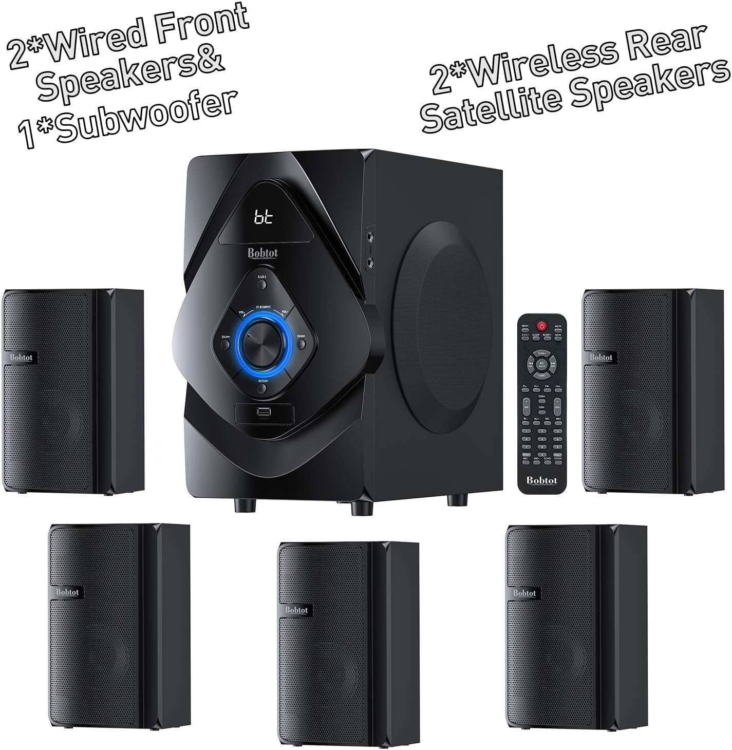 Bobtot Surround Sound Systems Wireless Rear Satellite Speakers - 5.1/2.1 Channel Home Theater Systems 800W 6.5inch Subwoofer with HDMI ARC Optical Bluetooth Input