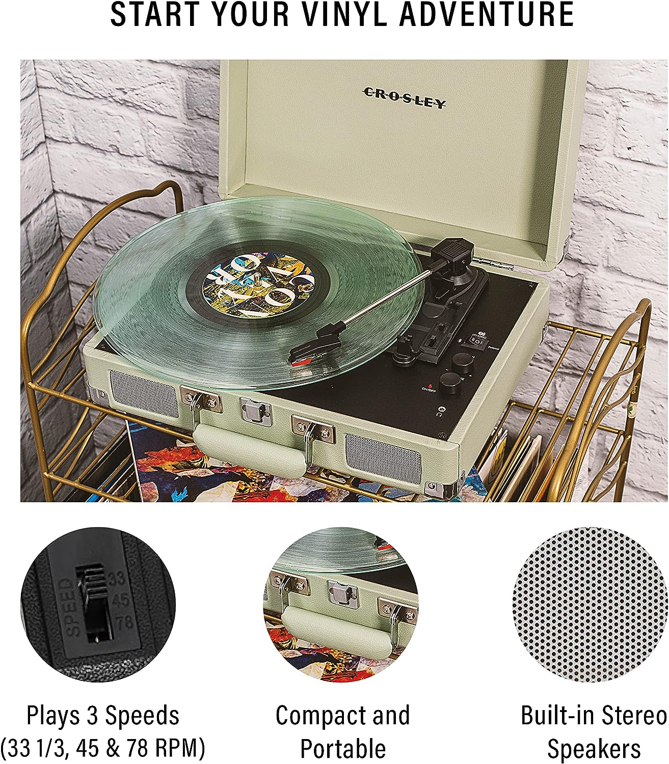 Crosley CR8005F-LT Cruiser Plus Vintage 3-Speed Bluetooth in/Out Suitcase Vinyl Record Player Turntable, Light Tan