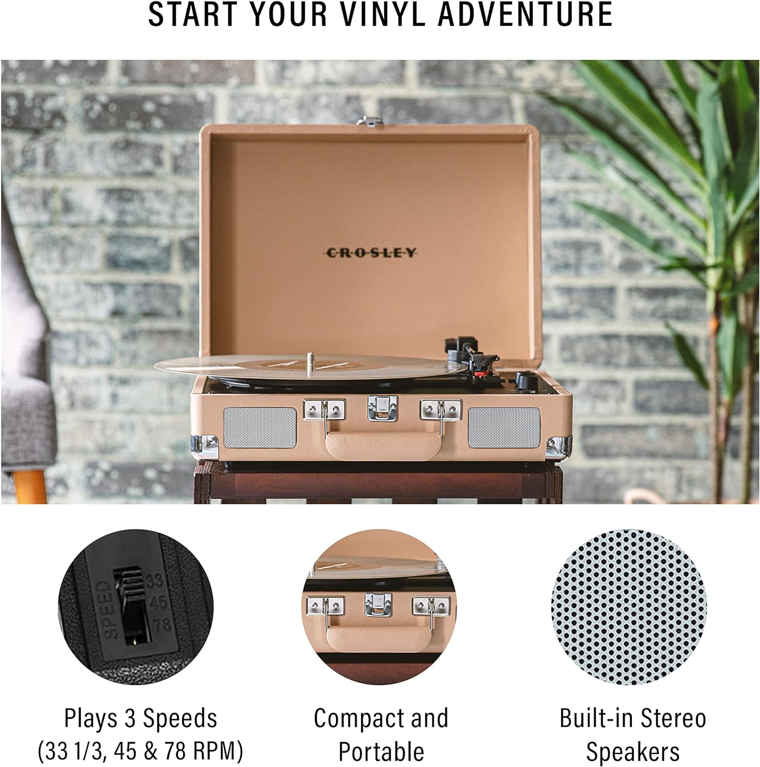 Crosley CR8005F-LT Cruiser Plus Vintage 3-Speed Bluetooth in/Out Suitcase Vinyl Record Player Turntable, Light Tan