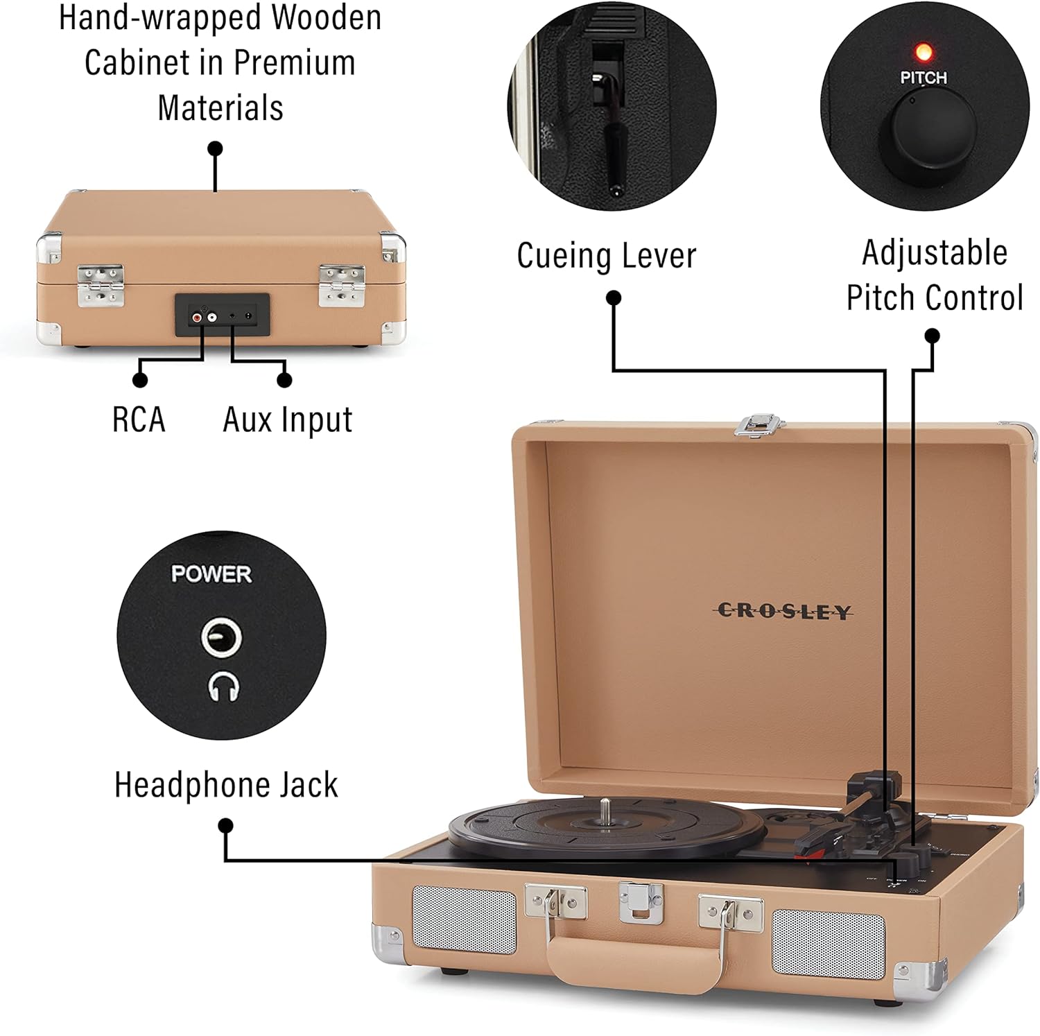 Crosley CR8005F-LT Cruiser Plus Vintage 3-Speed Bluetooth in/Out Suitcase Vinyl Record Player Turntable, Light Tan