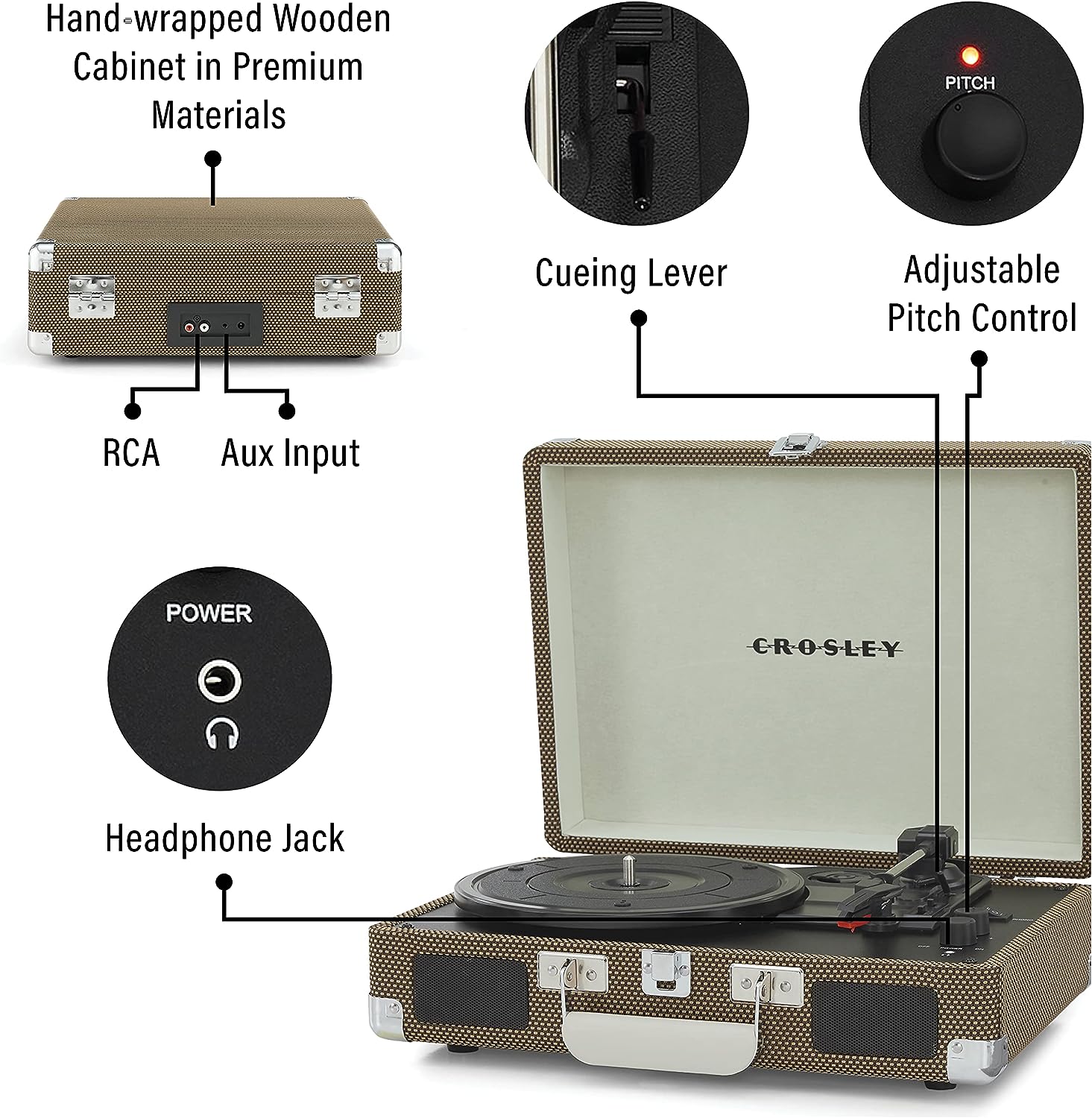 Crosley CR8005F-LT Cruiser Plus Vintage 3-Speed Bluetooth in/Out Suitcase Vinyl Record Player Turntable, Light Tan