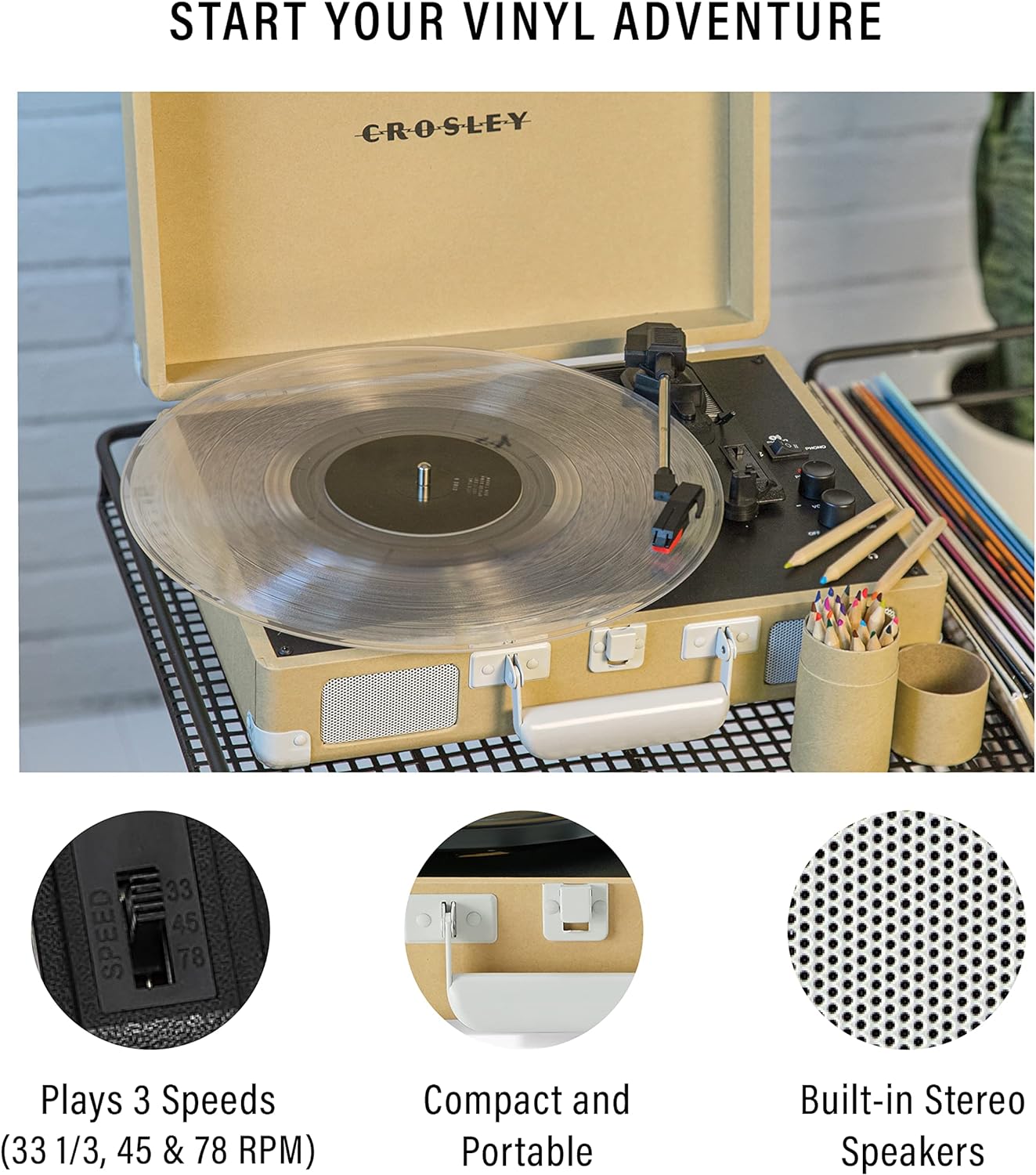 Crosley CR8005F-LT Cruiser Plus Vintage 3-Speed Bluetooth in/Out Suitcase Vinyl Record Player Turntable, Light Tan