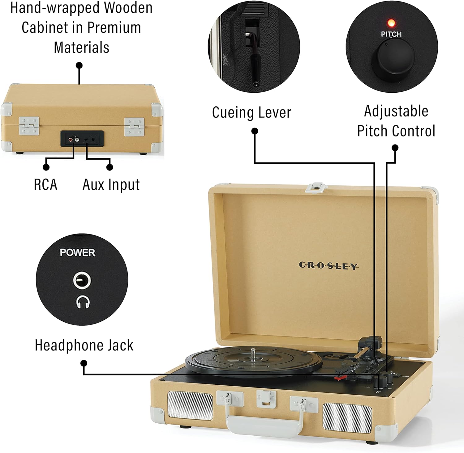 Crosley CR8005F-LT Cruiser Plus Vintage 3-Speed Bluetooth in/Out Suitcase Vinyl Record Player Turntable, Light Tan