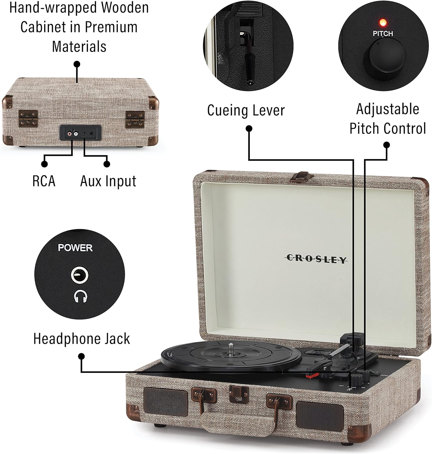 Crosley CR8005F-LT Cruiser Plus Vintage 3-Speed Bluetooth in/Out Suitcase Vinyl Record Player Turntable, Light Tan