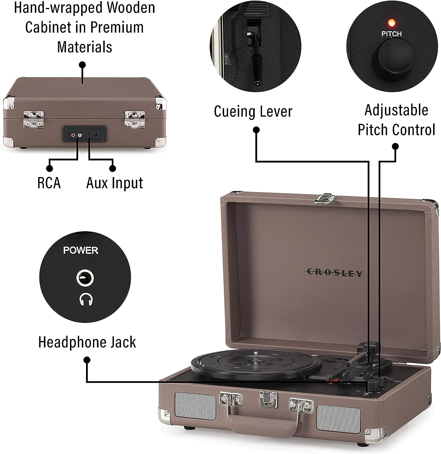 Crosley CR8005F-LT Cruiser Plus Vintage 3-Speed Bluetooth in/Out Suitcase Vinyl Record Player Turntable, Light Tan