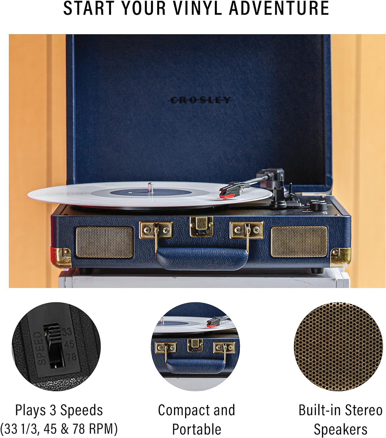 Crosley CR8005F-LT Cruiser Plus Vintage 3-Speed Bluetooth in/Out Suitcase Vinyl Record Player Turntable, Light Tan