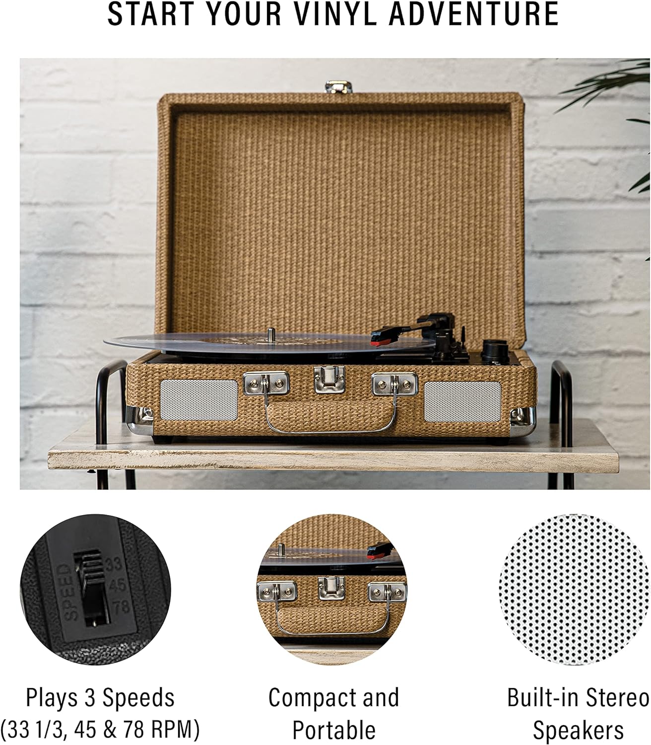 Crosley CR8005F-LT Cruiser Plus Vintage 3-Speed Bluetooth in/Out Suitcase Vinyl Record Player Turntable, Light Tan