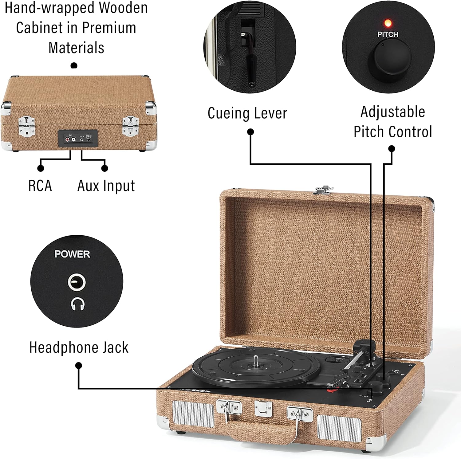 Crosley CR8005F-LT Cruiser Plus Vintage 3-Speed Bluetooth in/Out Suitcase Vinyl Record Player Turntable, Light Tan