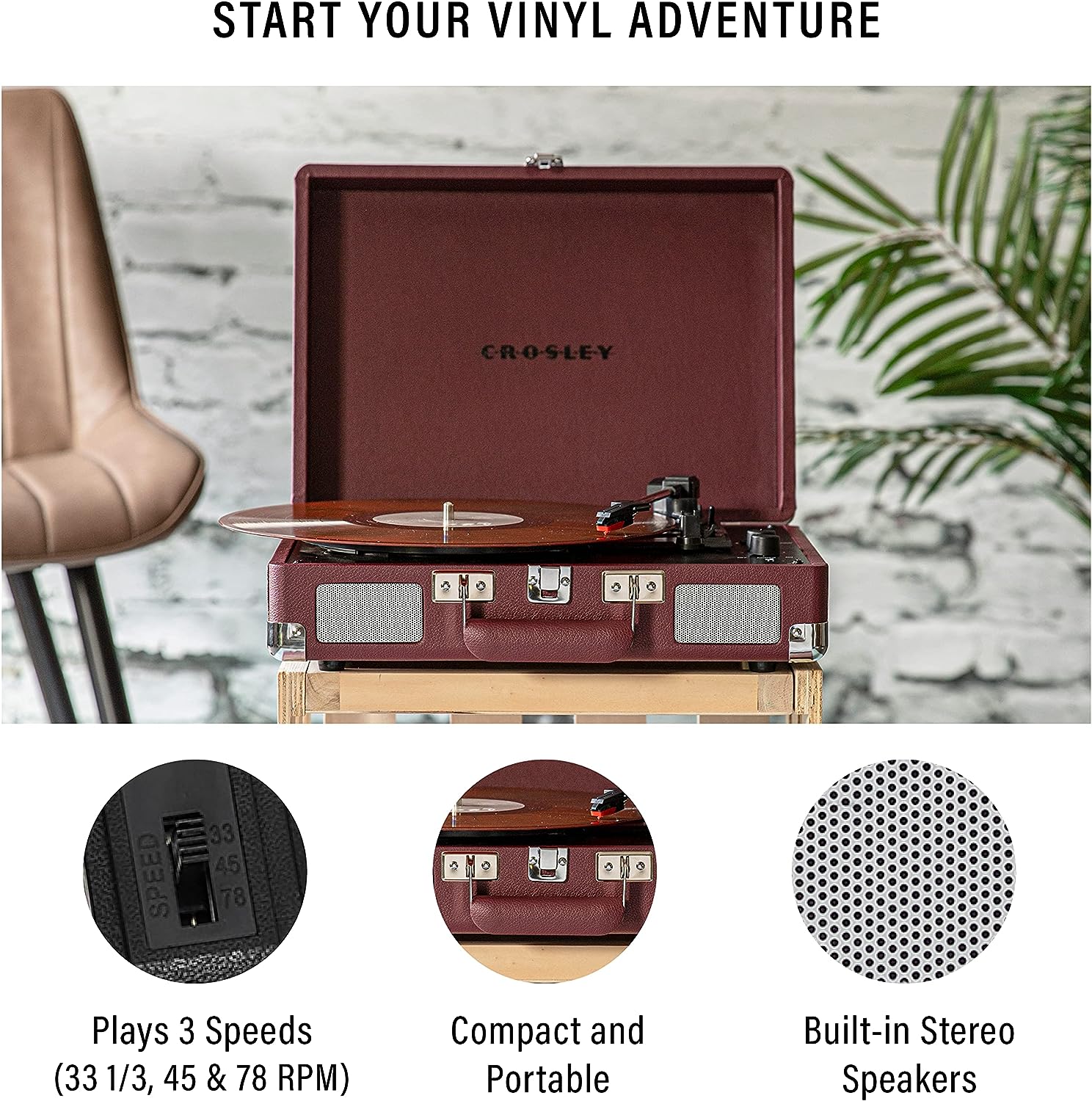 Crosley CR8005F-LT Cruiser Plus Vintage 3-Speed Bluetooth in/Out Suitcase Vinyl Record Player Turntable, Light Tan