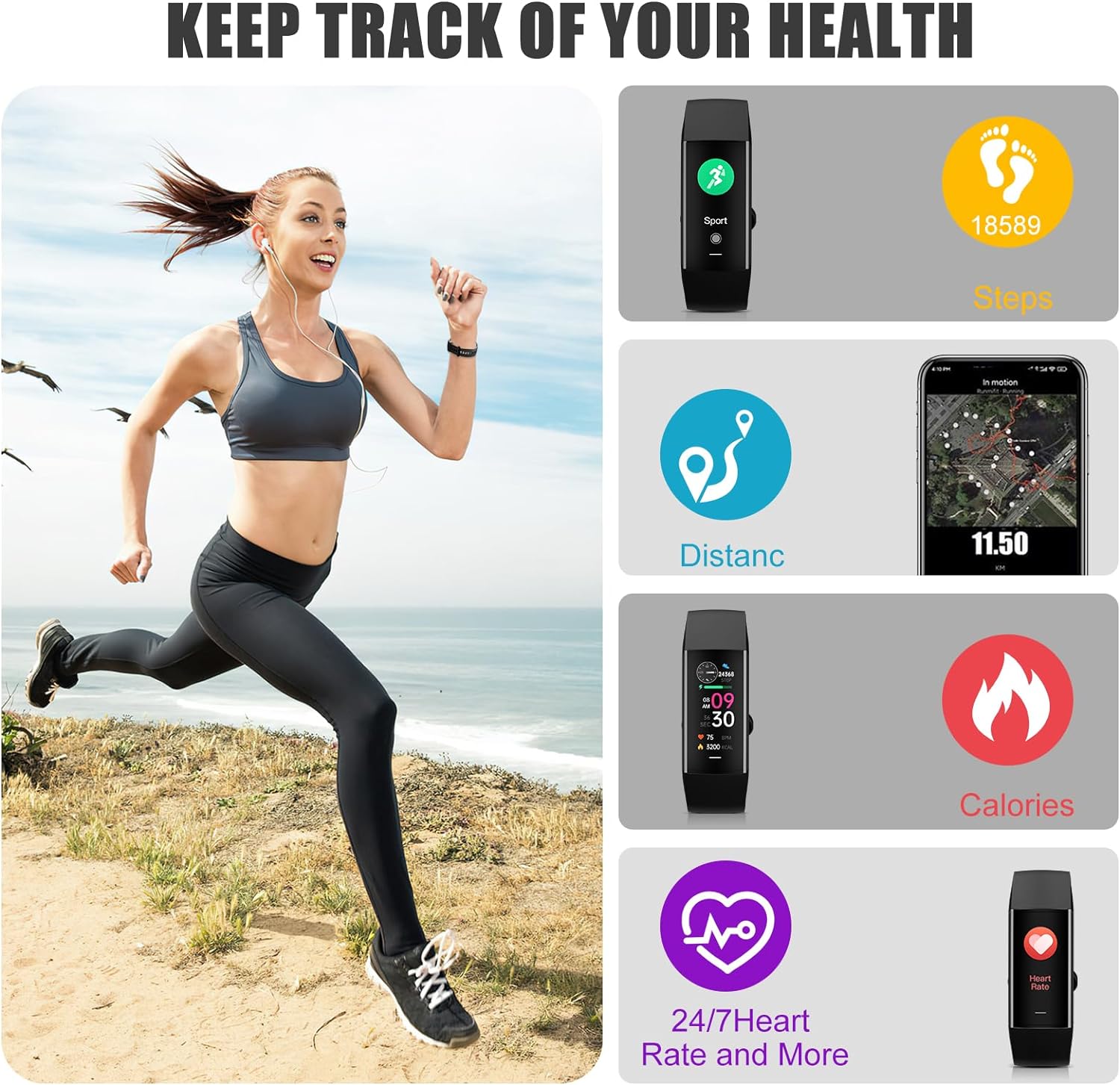 Fitness Tracker, Step Counter, Sleep Monitor, Calorie Tracking, Activity Tracker with 1.1