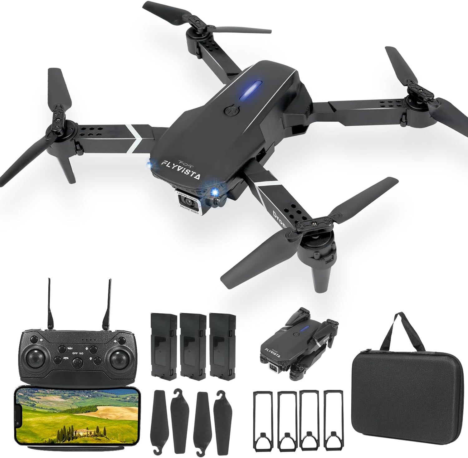 FLYVISTA Mini Drone with Camera for Adults Kids, 1080P WiFi FPV Camera Drone with 3 Batteries, One-Click Take Off/Landing, Altitude Hold, Headless Mode, 360° Flips, 3-Gear Speeds, Emergency Stop, Carrying Case, Toys Gifts for Kids and Adults Beginner