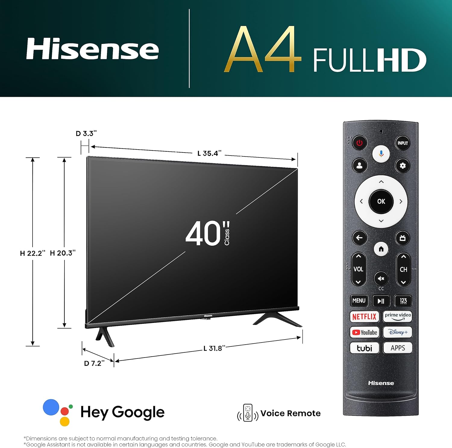 Hisense 40 inch Class A4 Series FHD Google Smart TV with DTS:Virtual X, Game&Sports Modes, Chromecast Built-in, Alexa Compatibility(40A4K, 2023 Model)
