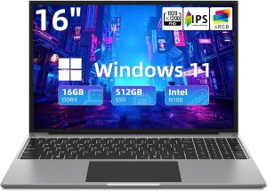 jumper Laptop, 16GB RAM 512GB SSD, Quad-Core Intel N100 Processor, 16″ FHD IPS Screen(1920×1200), Windows 11 Laptops Computer with 4 Stereo Speakers, Dual-Band WiFi, Cooling System, 38WH Battery,Gray.