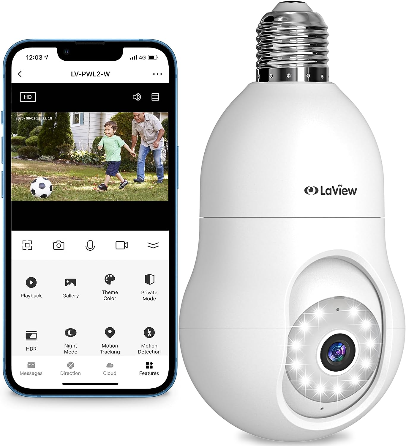 LaView 4MP Bulb Security Camera 2.4GHz,360° 2K Security Cameras Wireless Outdoor Indoor Full Color Day and Night, Motion Detection, Audible Alarm, Easy Installation, Compatible with Alexa