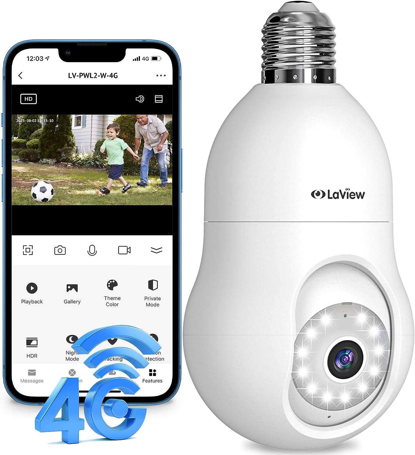 LaView 4MP Bulb Security Camera 2.4GHz,360° 2K Security Cameras Wireless Outdoor Indoor Full Color Day and Night, Motion Detection, Audible Alarm, Easy Installation, Compatible with Alexa