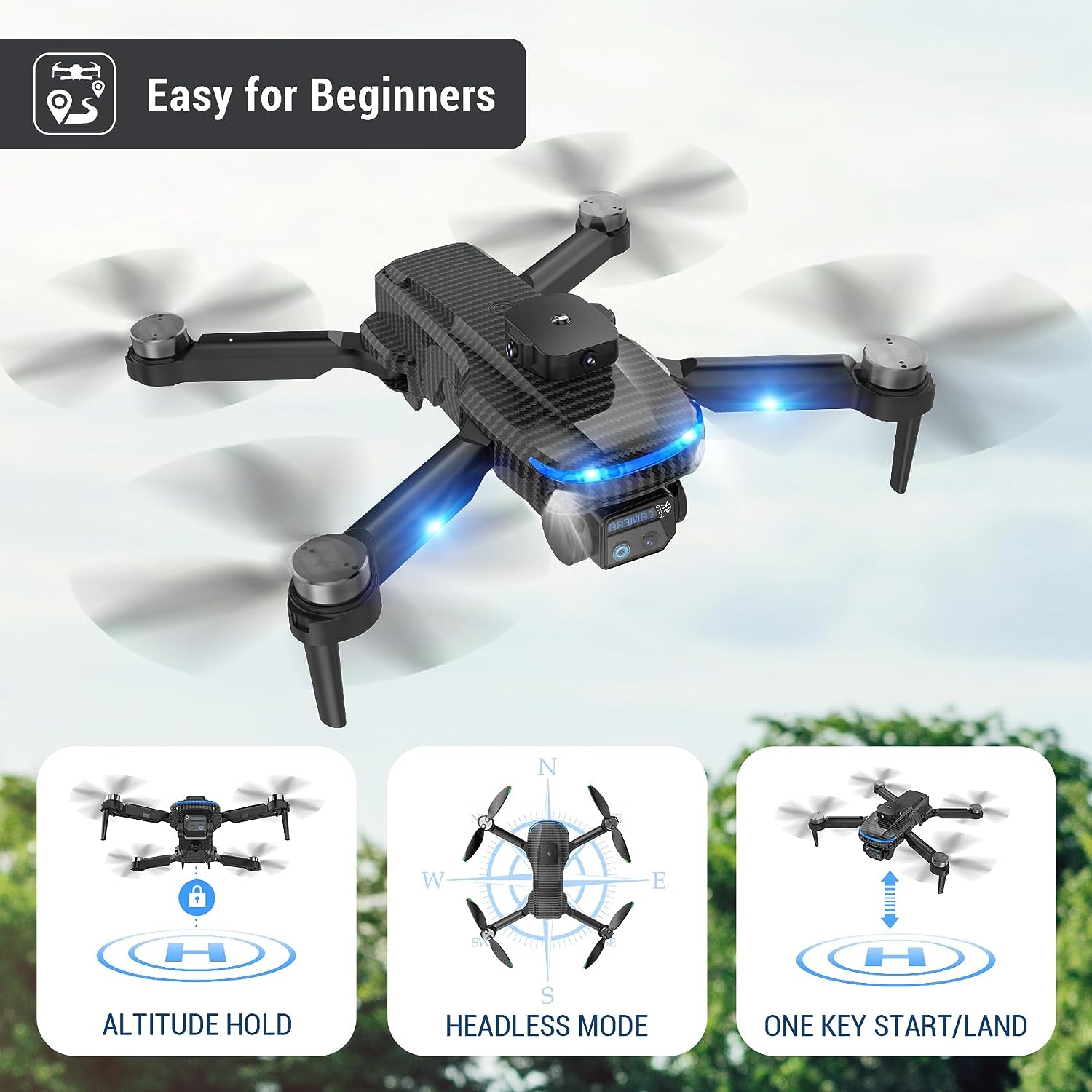 Mini drone Toy with camera: 4K HD FPV Mini Drone Toy - Foldable, Carrying Case, 90° Adjustable Lens, One Key Take Off/Land, Altitude Hold, 360° Flip, 2 Batteries, Obstacle Avoidance, Hovering Protection