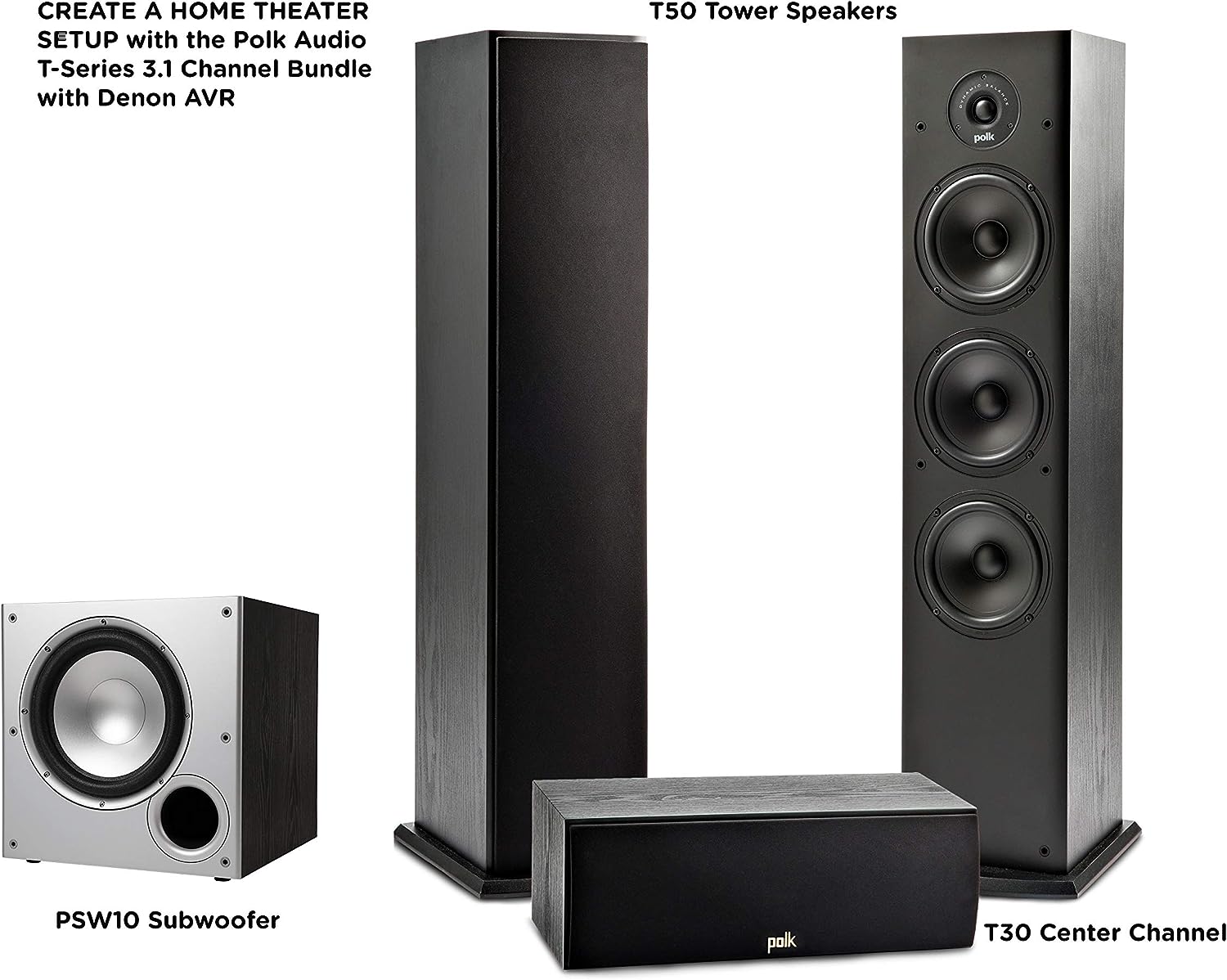 Polk Audio 5.1 Channel Home Theater System with Powered Subwoofer |Two (2) T15 Bookshelf, One (1) T30 Center Channel, Two (2) T50 Tower Speakers, PSW10 Sub | Alexa + HEOS