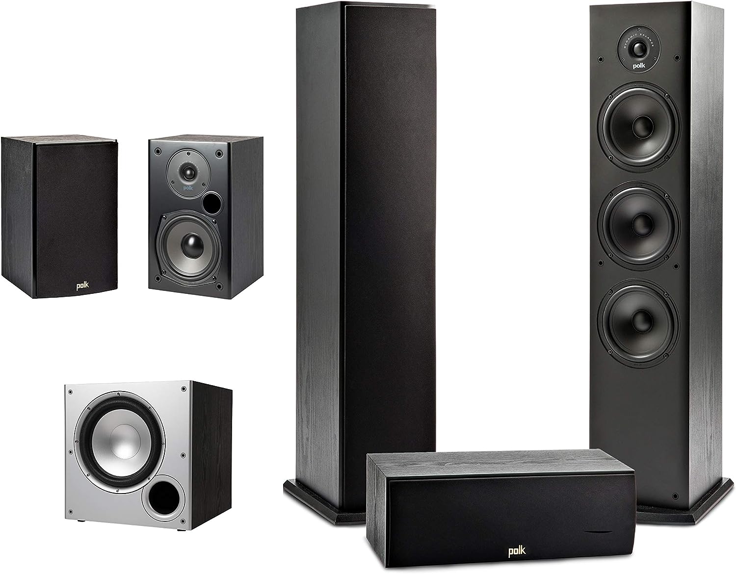 Polk Audio 5.1 Channel Home Theater System with Powered Subwoofer |Two (2) T15 Bookshelf, One (1) T30 Center Channel, Two (2) T50 Tower Speakers, PSW10 Sub | Alexa + HEOS