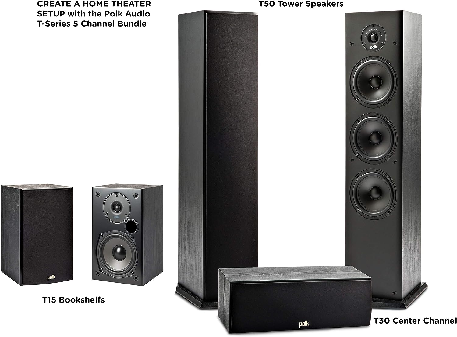 Polk Audio 5.1 Channel Home Theater System with Powered Subwoofer |Two (2) T15 Bookshelf, One (1) T30 Center Channel, Two (2) T50 Tower Speakers, PSW10 Sub | Alexa + HEOS