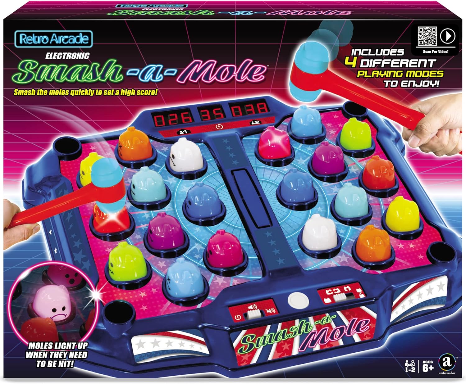 Retro Arcade: Electronic Smash-A-Mole - Tabletop Game, Moles Light Up, 4 Playing Modes, 1-2 Players, Ages 6+