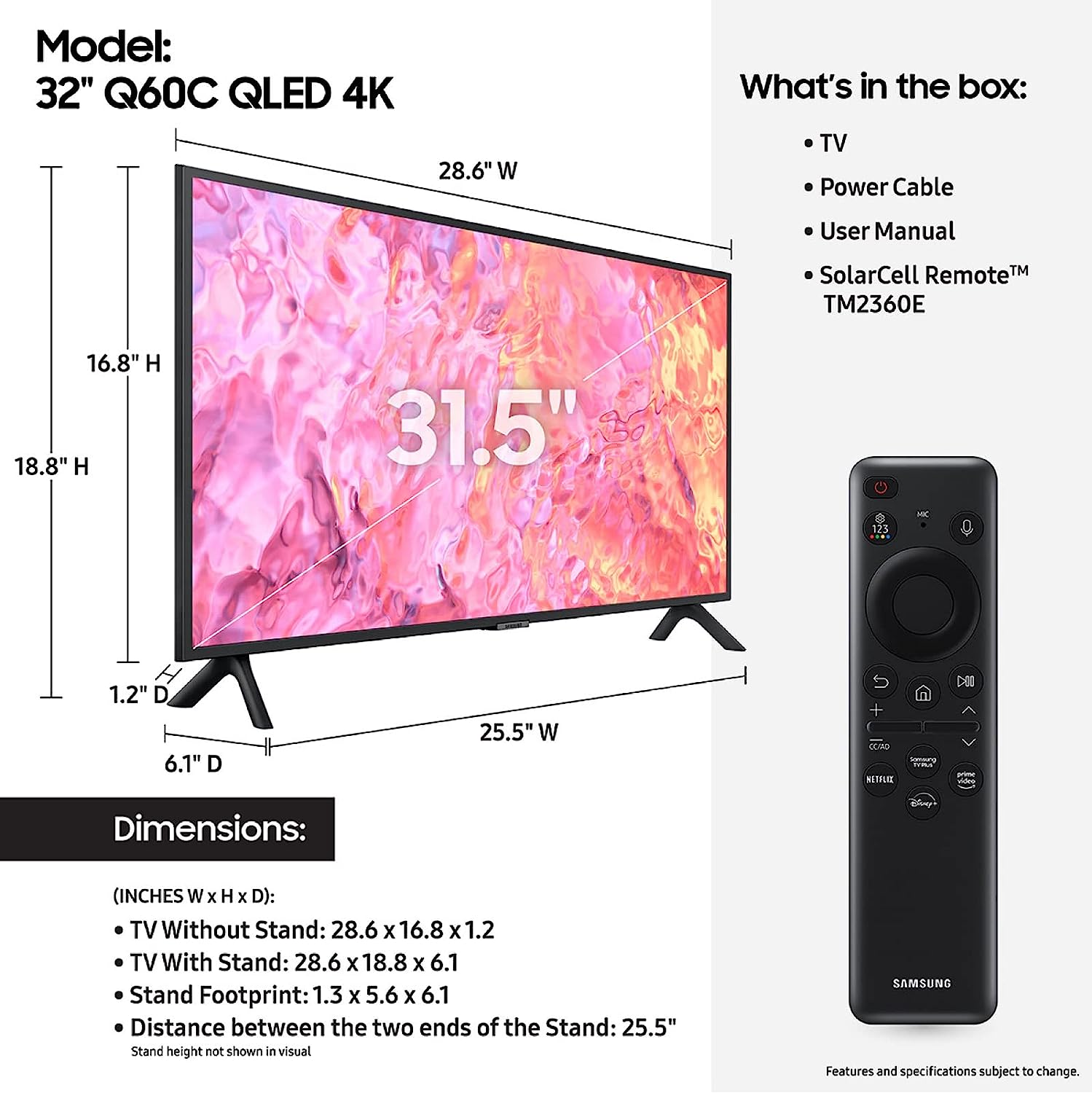 SAMSUNG 32-Inch Class QLED 4K Q60C Series Quantum HDR, Dual LED, Object Tracking Sound Lite, Q-Symphony, Motion Xcelerator, Gaming Hub, Smart TV with Alexa Built-in (QN32Q60C, 2023 Model),Titan Gray