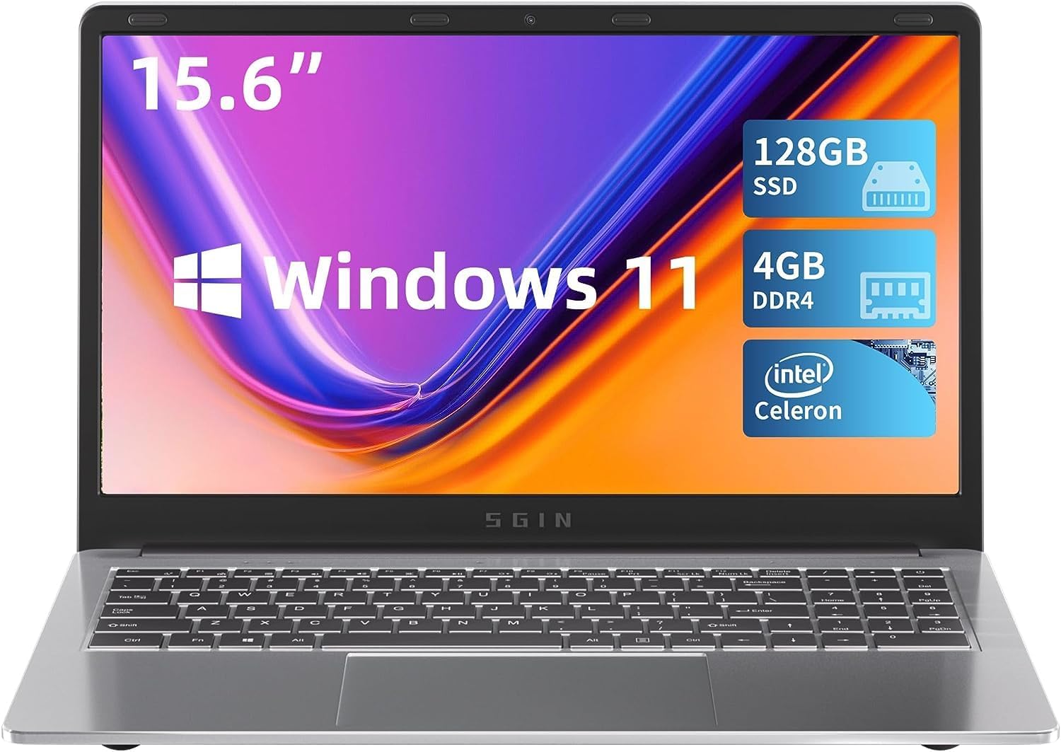 SGIN Laptop 4GB DDR4 128GB SSD, 15.6 Inch Windows 11 Laptops Computer with Intel Celeron Quad Core Processor (up to 2.5 GHz), Intel UHD Graphics 600, Mini HDMI, WiFi, Webcam, USB3.0, Bluetooth 4.2